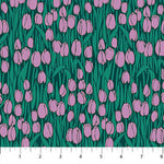 Pattern of pink tulips on a green background