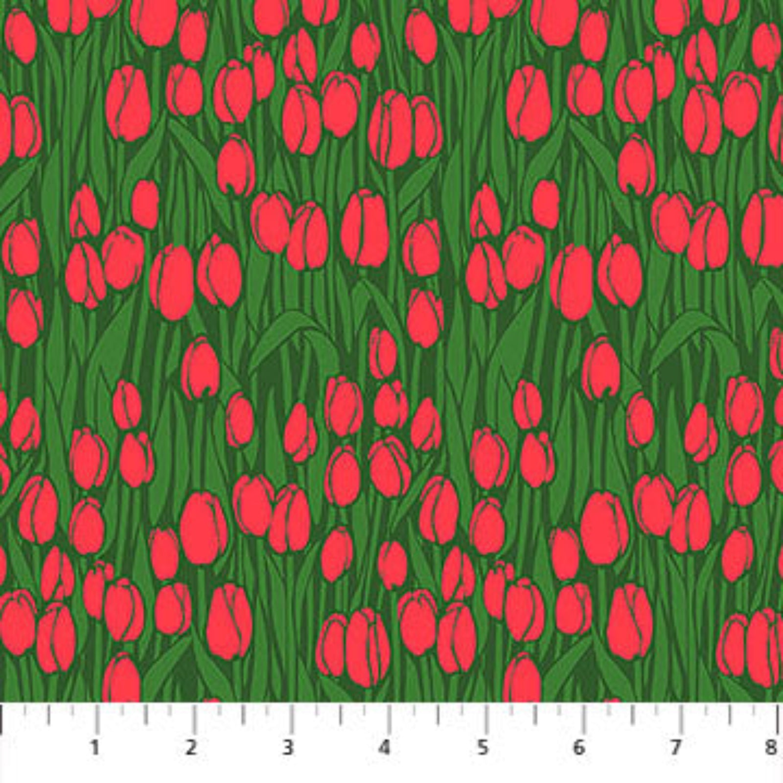 Pattern of red tulips on a green background