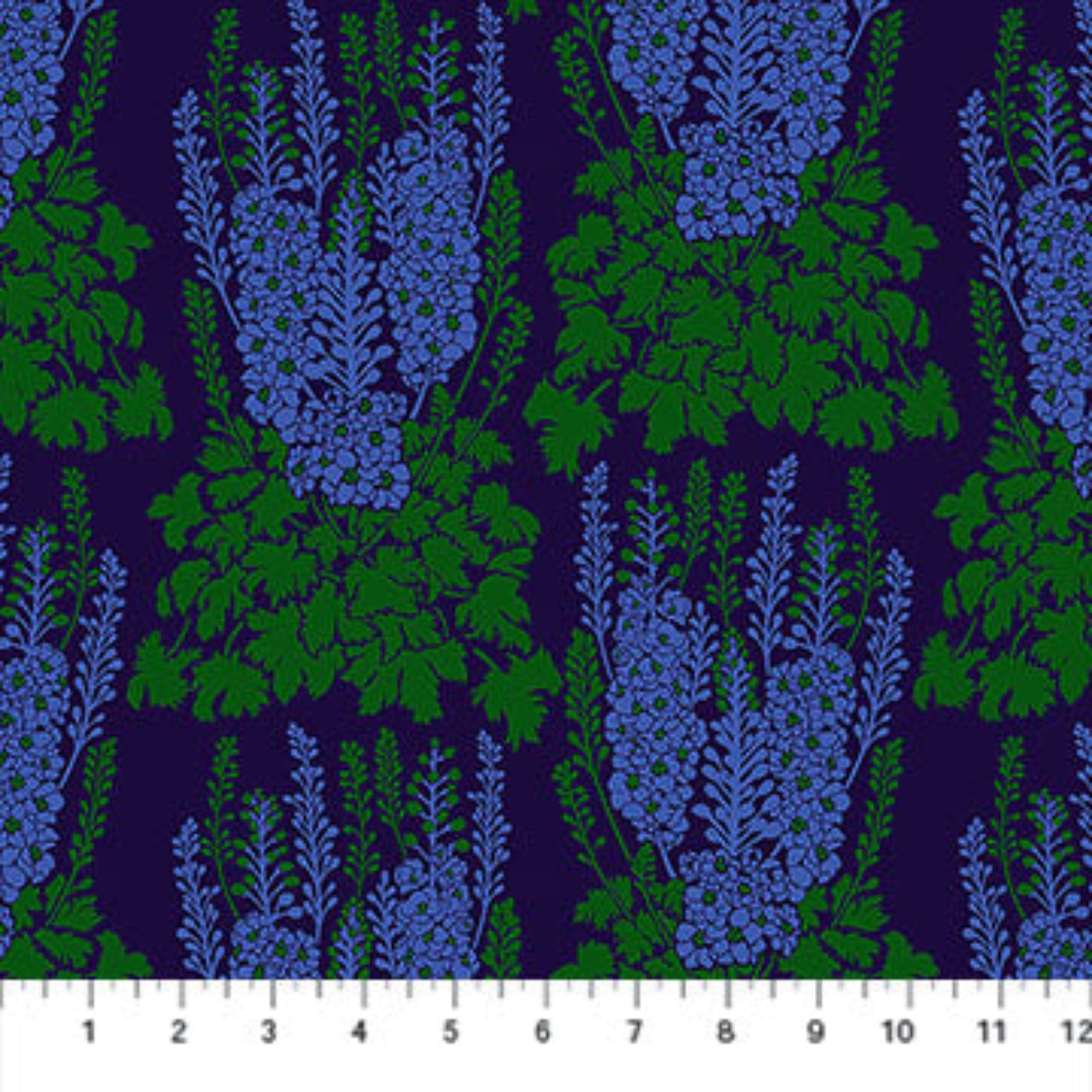 Pattern of blue and green plants on a dark blue background with a fabric swatch at the bottom.