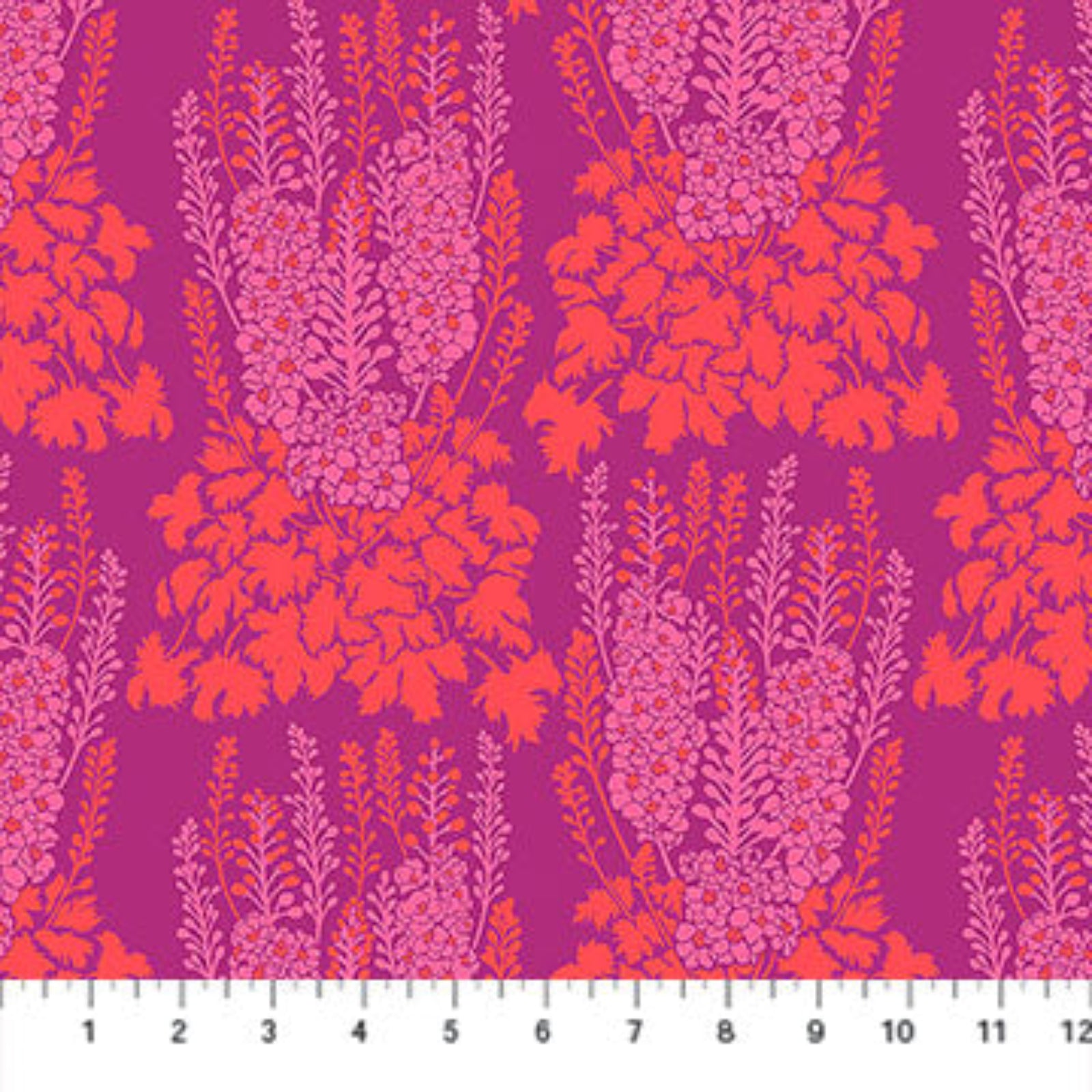 Fuchsia and pink floral pattern on a fabric swatch with a ruler at the bottom.