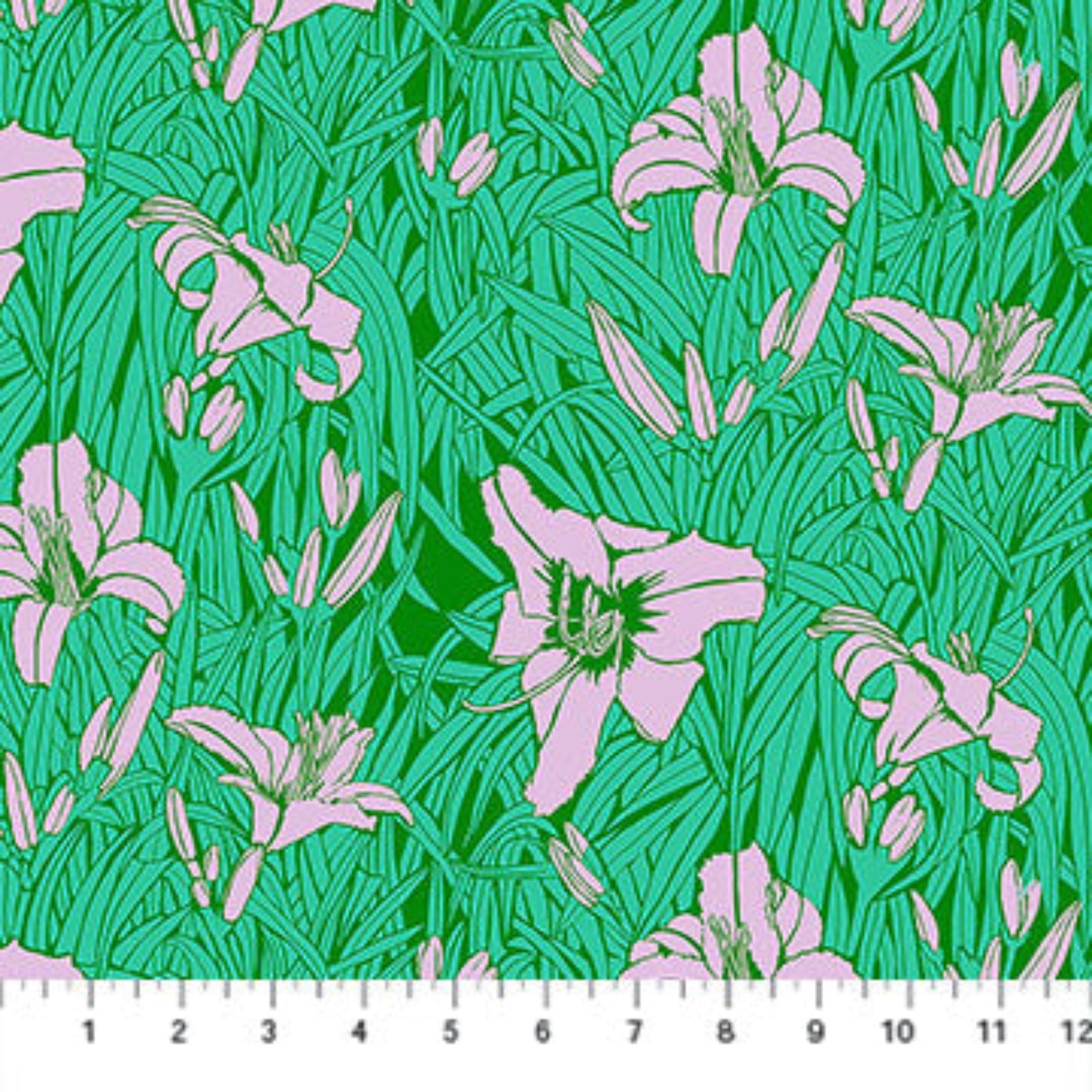 Fabric with pink floral pattern on a green background