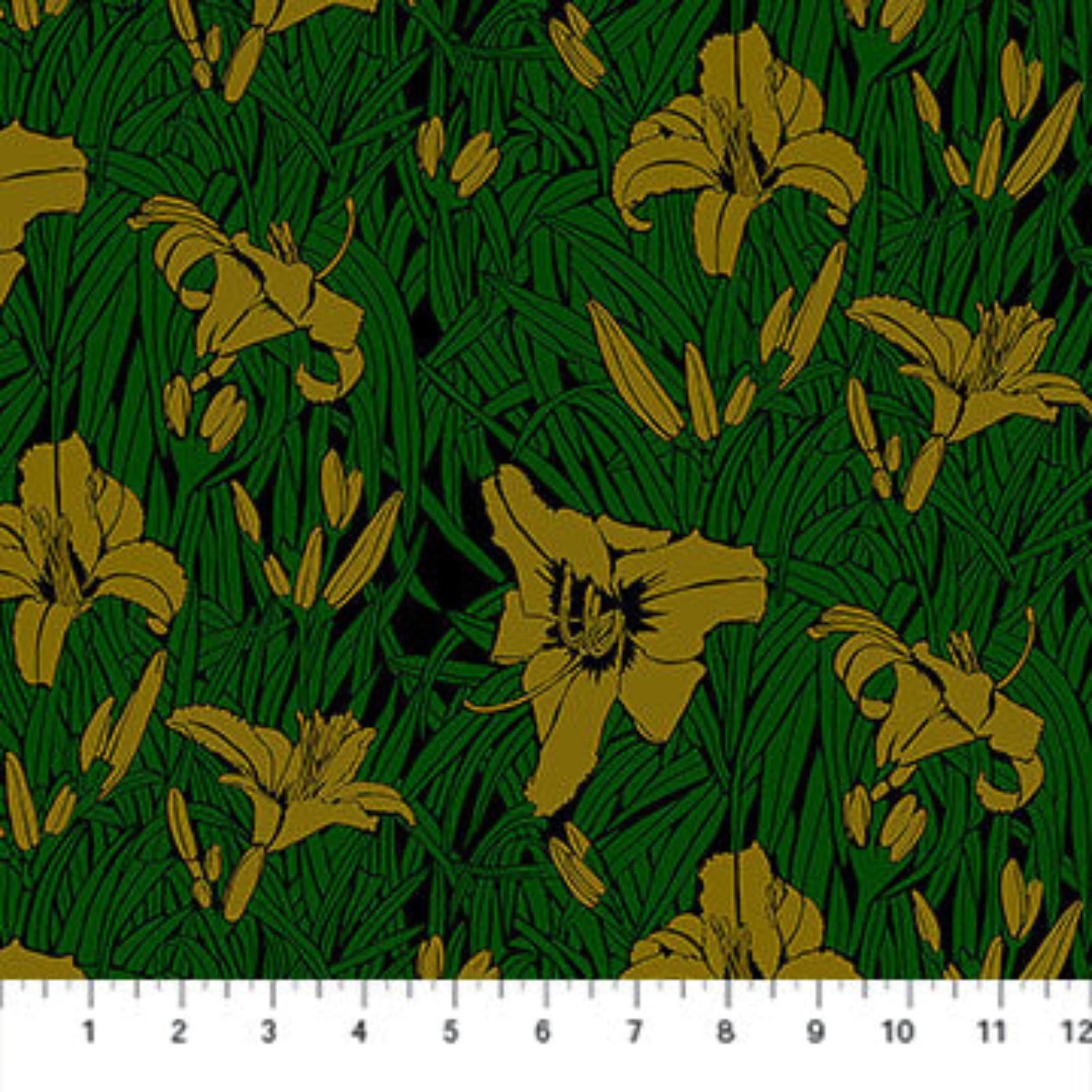 Pattern of yellow flowers on a green background with a fabric swatch at the bottom.