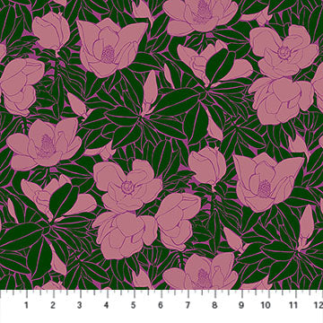 Pattern of pink flowers with green leaves on a white background
