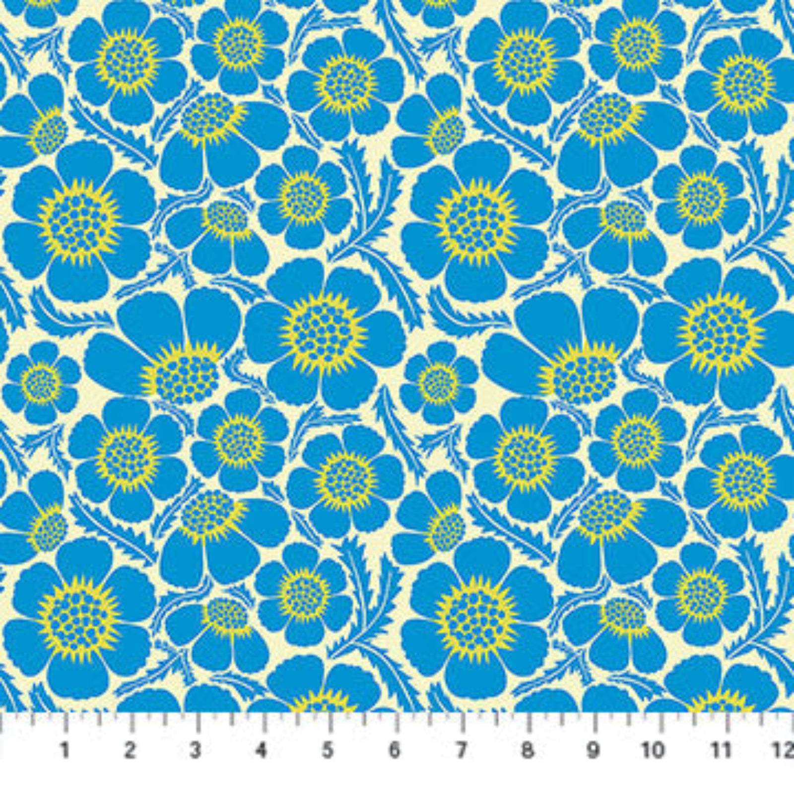 Blue floral pattern fabric with a ruler at the bottom