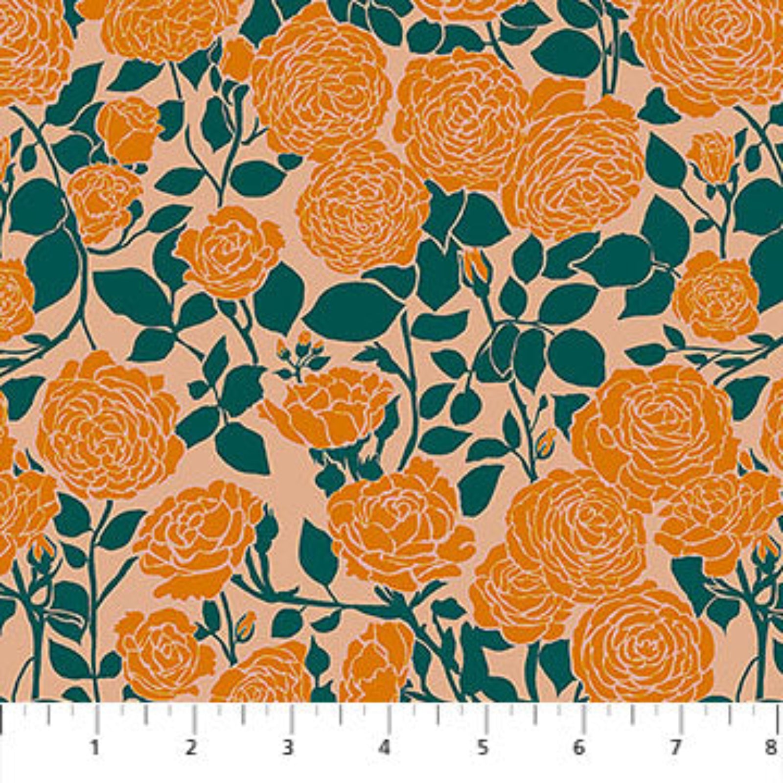 Fabric with orange floral pattern on a beige background
