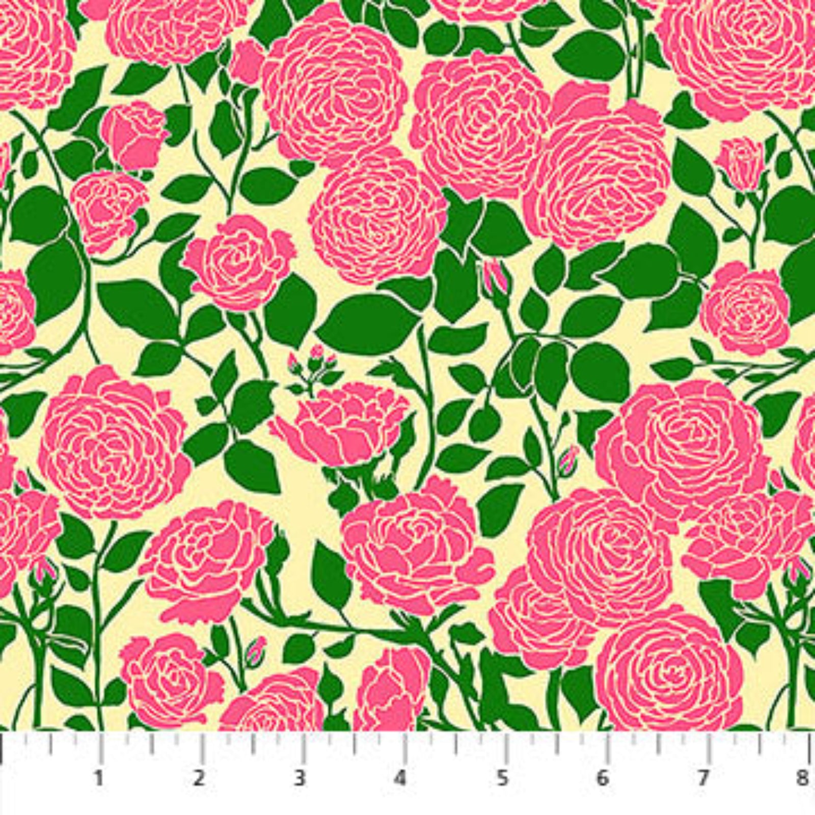 Pattern of pink roses and green leaves on a beige background