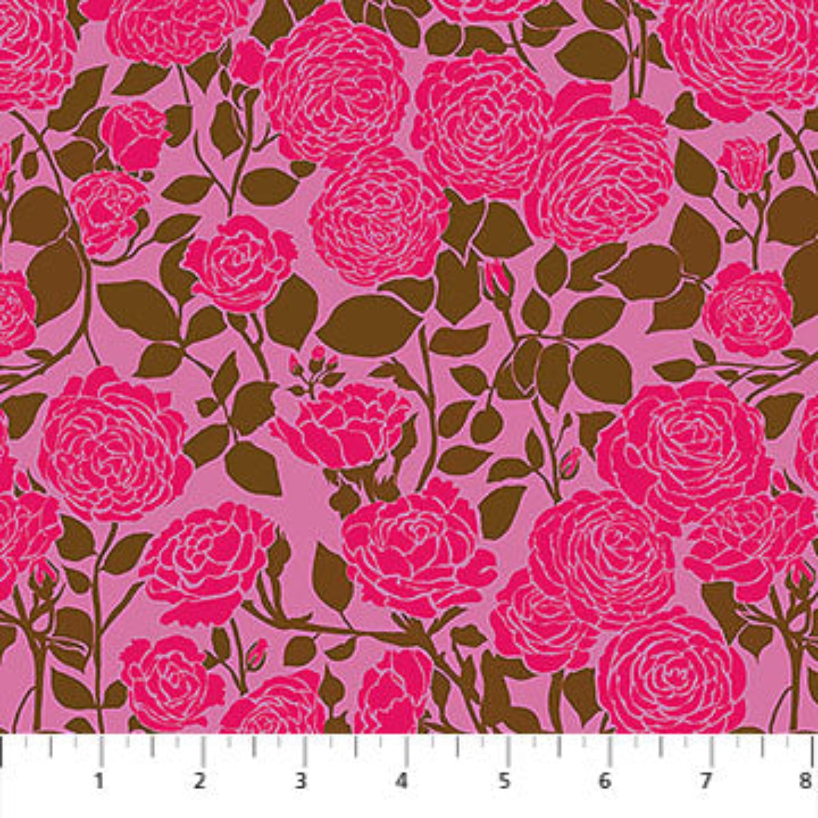 Fabric with pink and brown floral pattern on a pink background