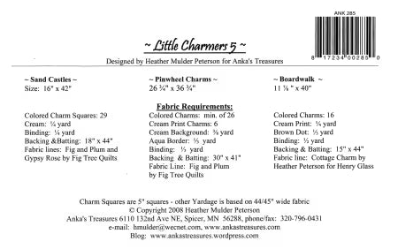Patterned fabric requirements label for 'Little Charmers 5' by Heather Mulder Peterson.