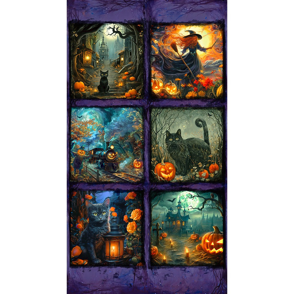 Halloween-themed fabric panel with six square images featuring cats, pumpkins, and ghosts.