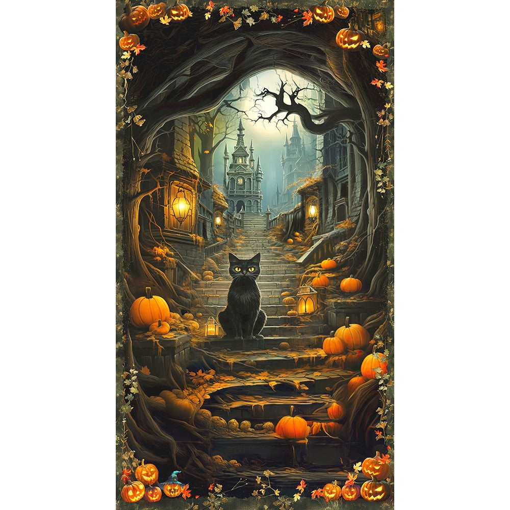 Halloween-themed scene with a black cat, pumpkins, and a castle in the background.