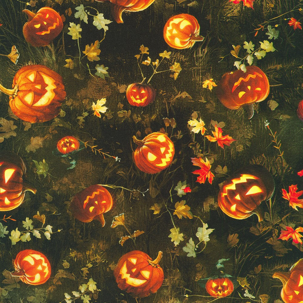 Pattern of glowing jack-o'-lanterns and autumn leaves on a dark background