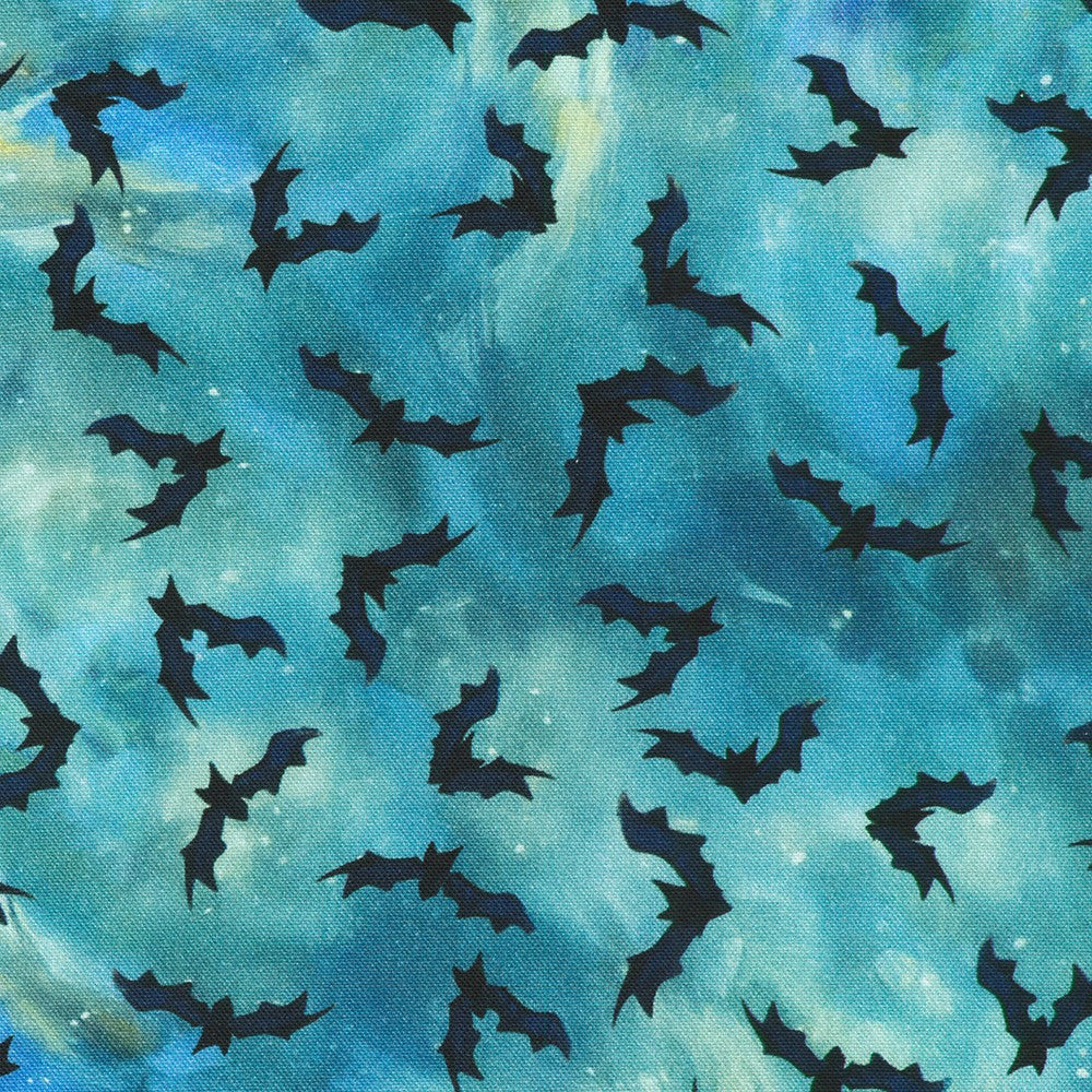 Pattern of black bats on a blue fabric background