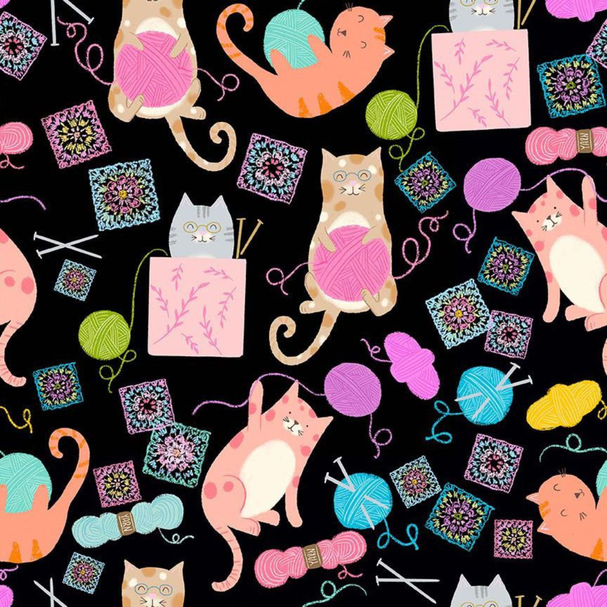 Pattern of cats with yarn and knitting supplies on a black background