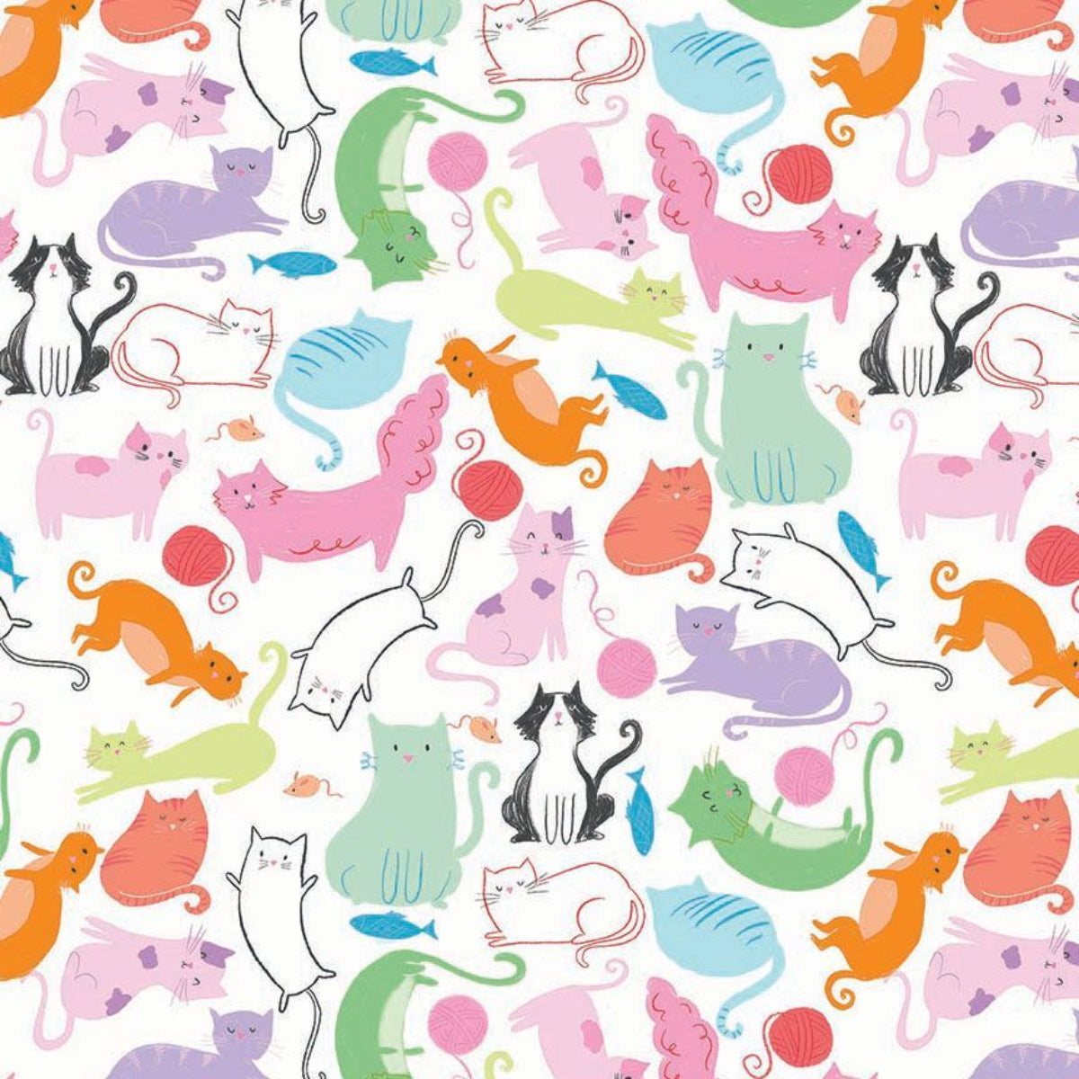 Colorful pattern of cartoon cats on a white background