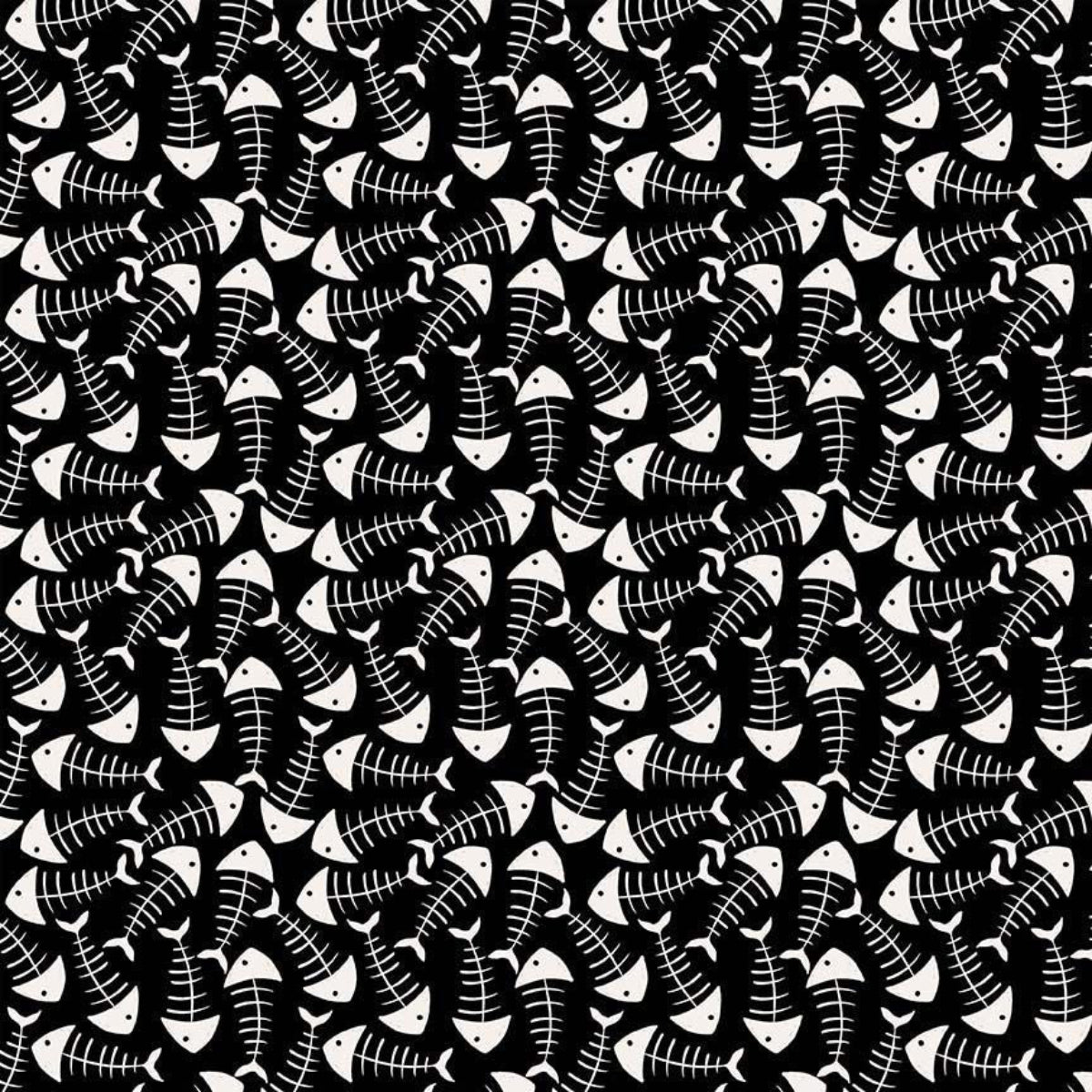 Pattern of black and white fish skeletons on a black background
