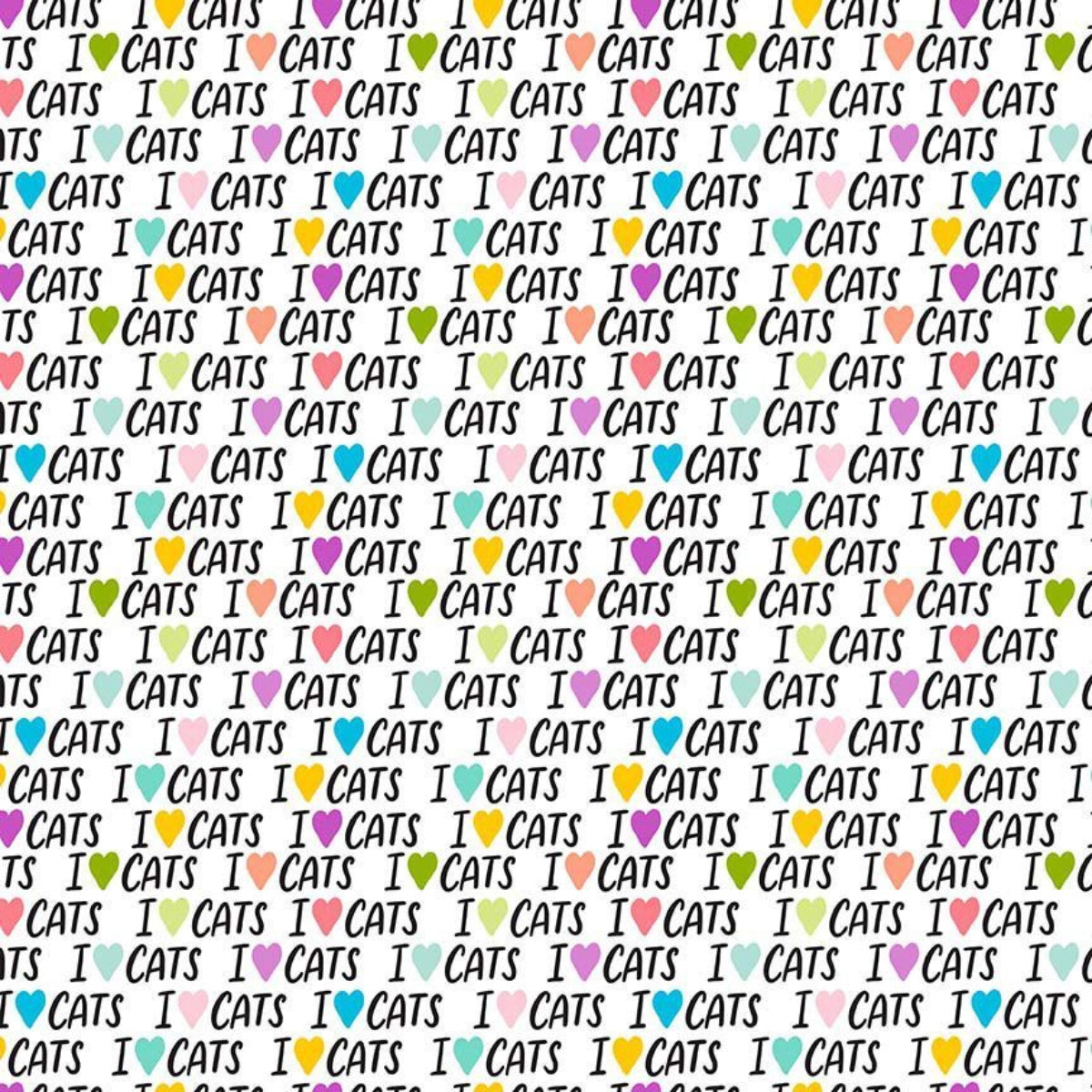 Pattern of 'I love cats' text with colorful heart symbols on a white background.