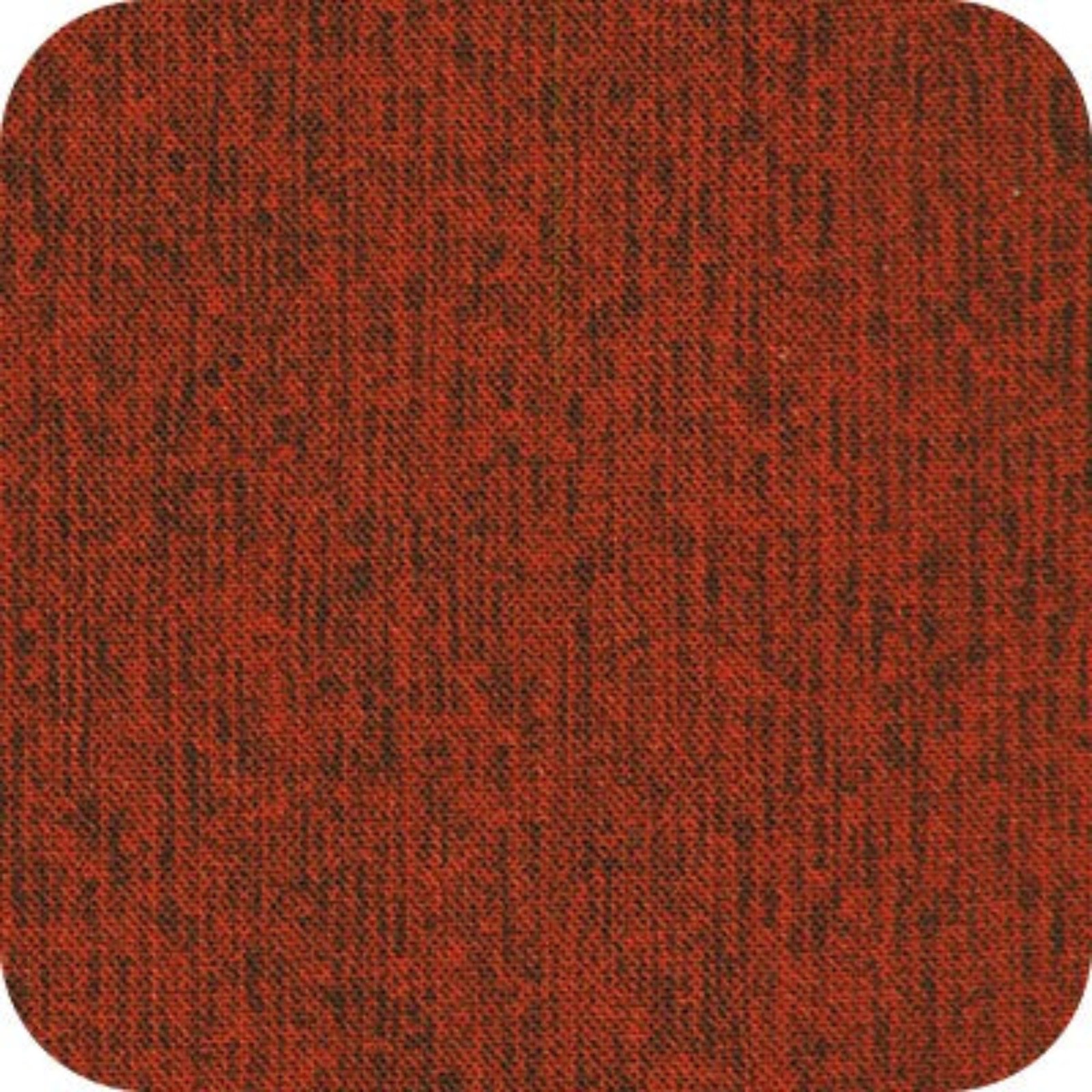 A close-up of a textured fabric or carpet swatch with rounded corners, showing a mottled red and dark brown woven pattern.