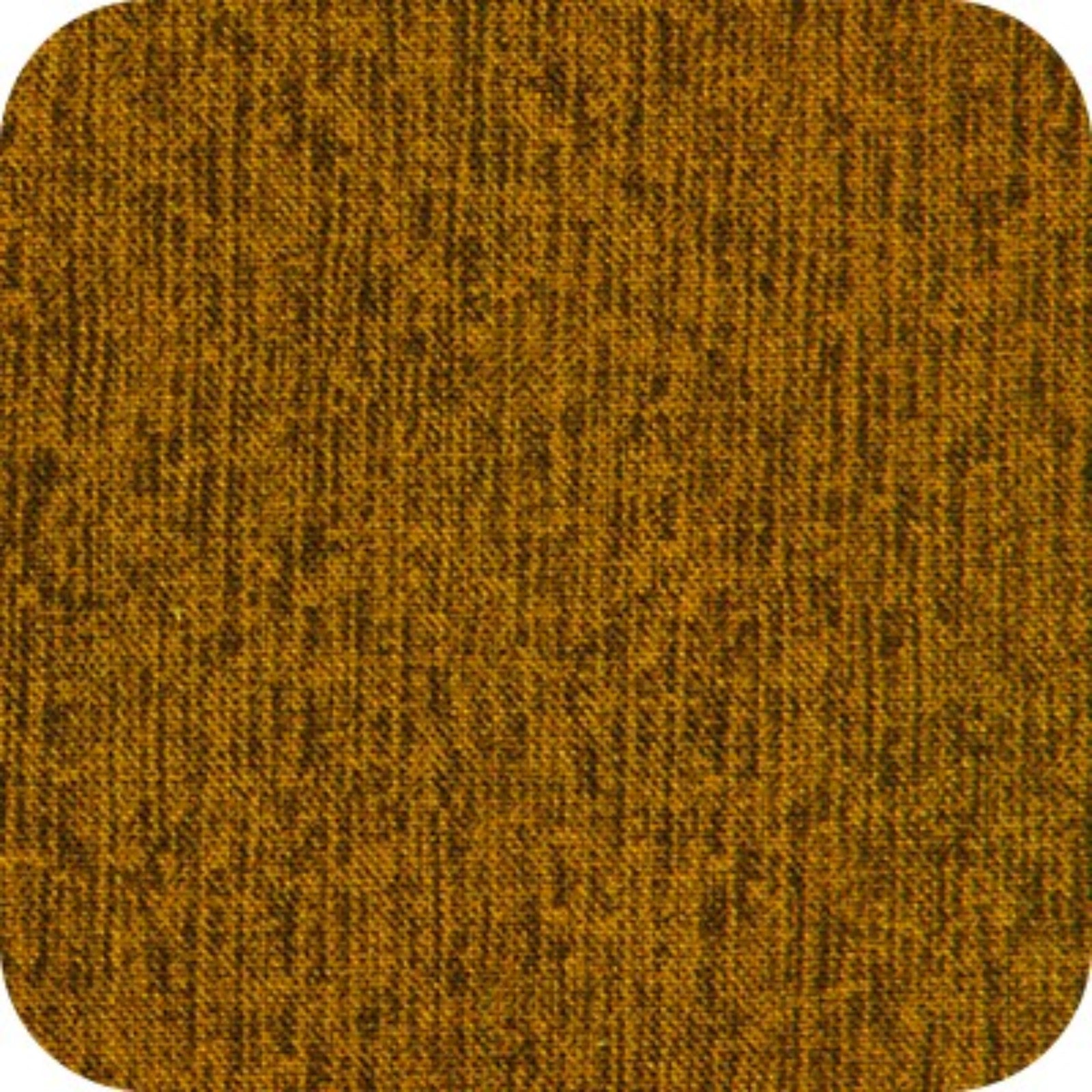 A close-up of a textured fabric swatch in a warm mustard yellow and brown heathered pattern with rounded corners.