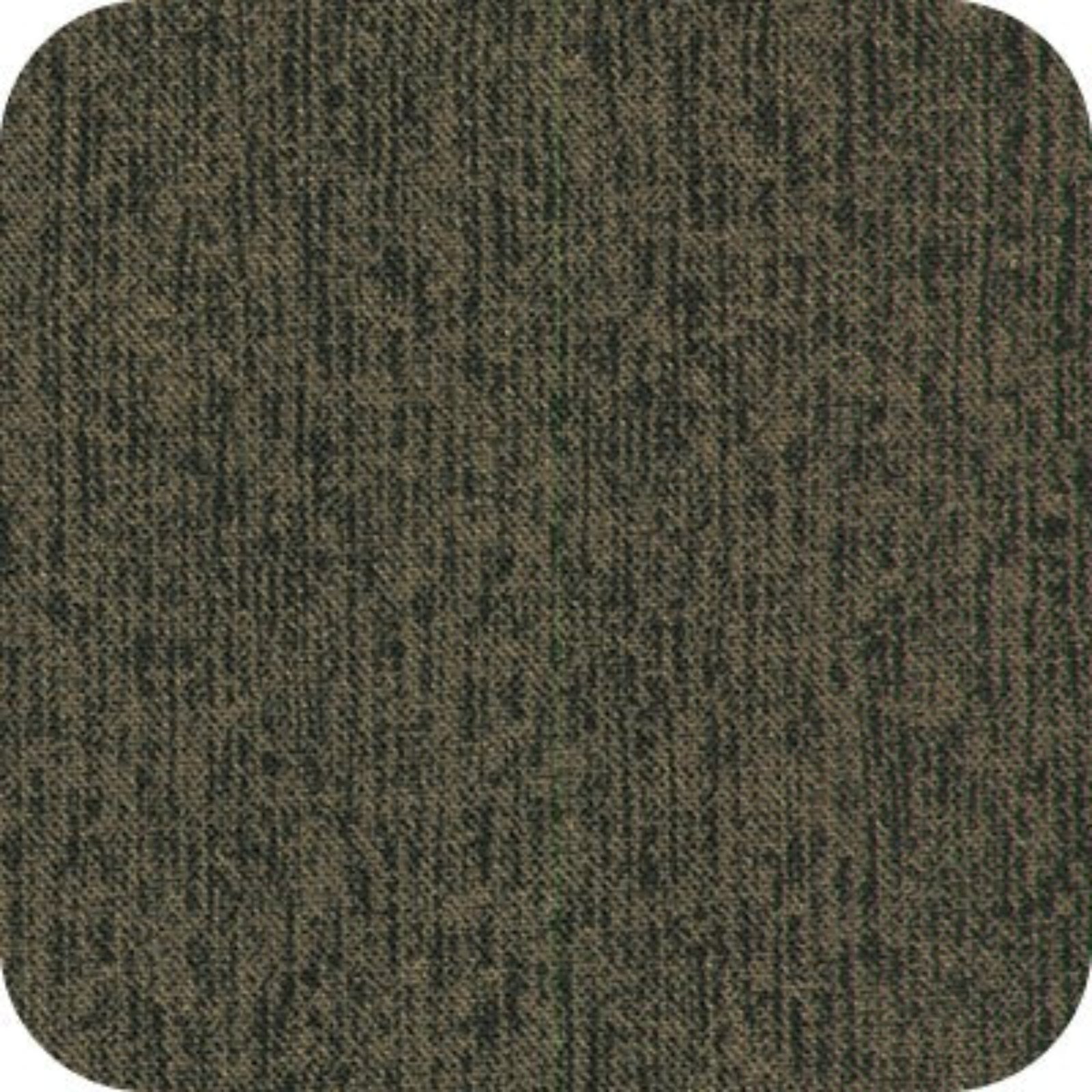 A close-up fabric or carpet swatch with rounded corners, showing a dark heathered texture in olive green and charcoal gray.