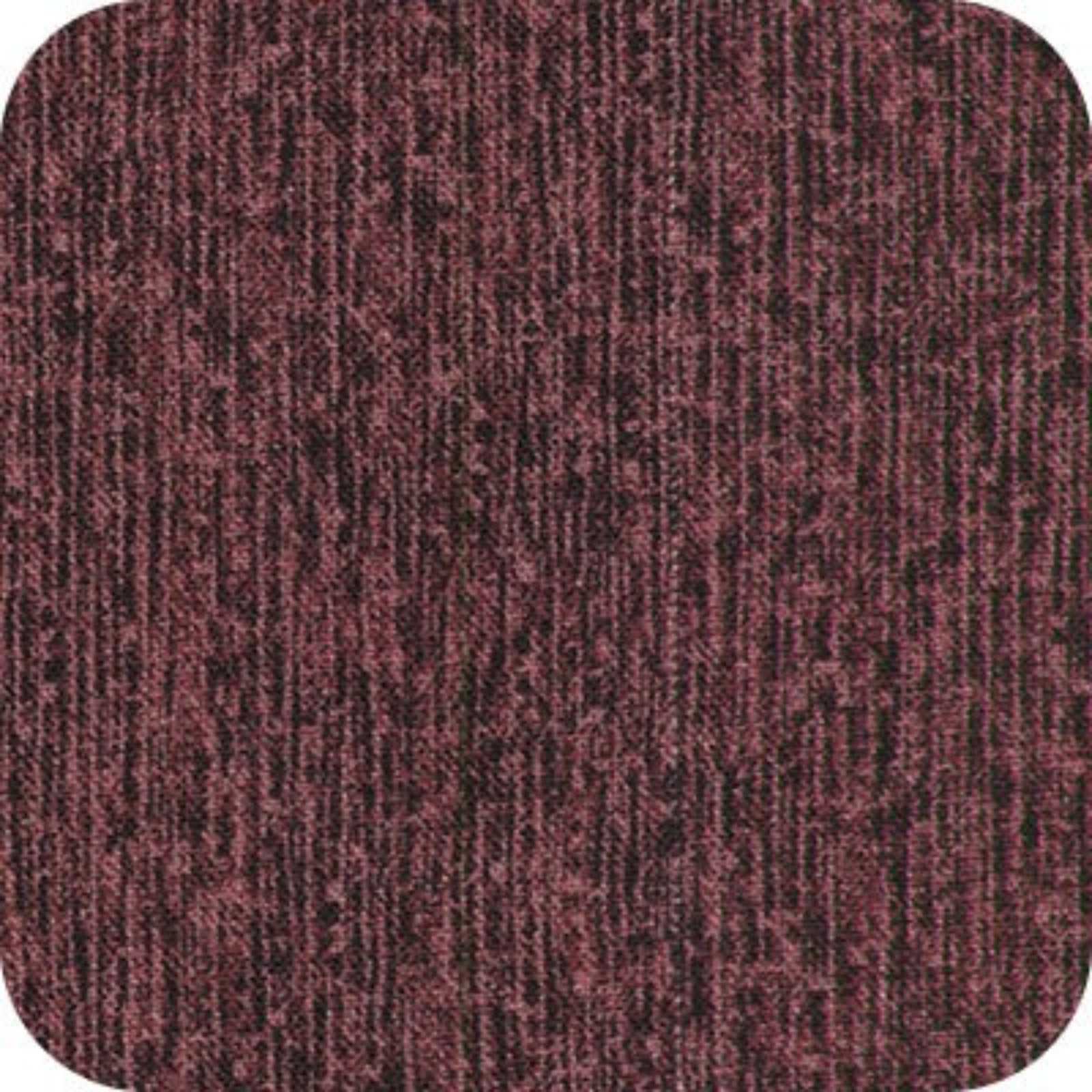 A close-up of a textured fabric or carpet swatch with rounded corners, showing a heathered burgundy and dark brown vertical ribbed pattern.