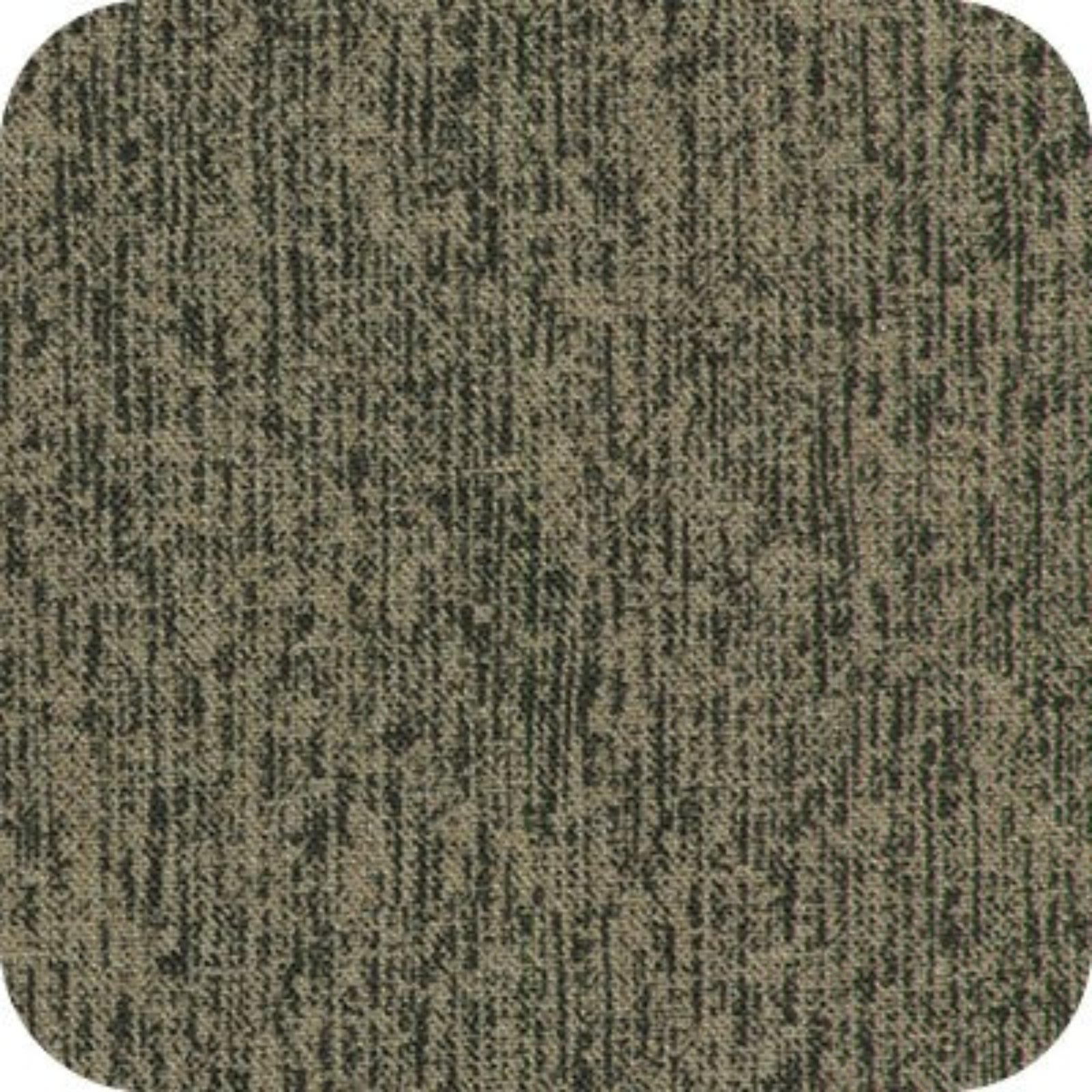 A close-up of a textured fabric or carpet swatch with rounded corners, showing a mottled pattern of olive green, brown, and dark charcoal gray threads.