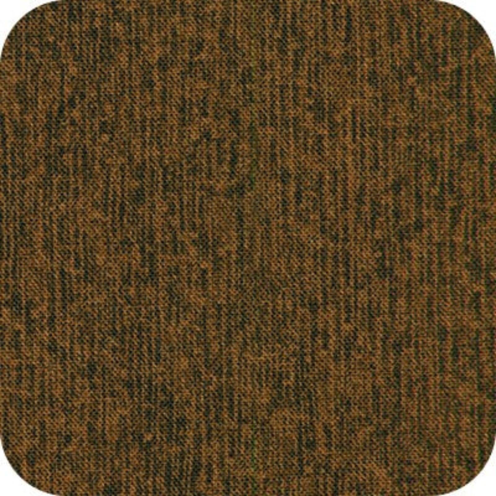 A close-up of a textured fabric or carpet swatch with rounded corners, showing a mottled brown and dark green woven pattern.