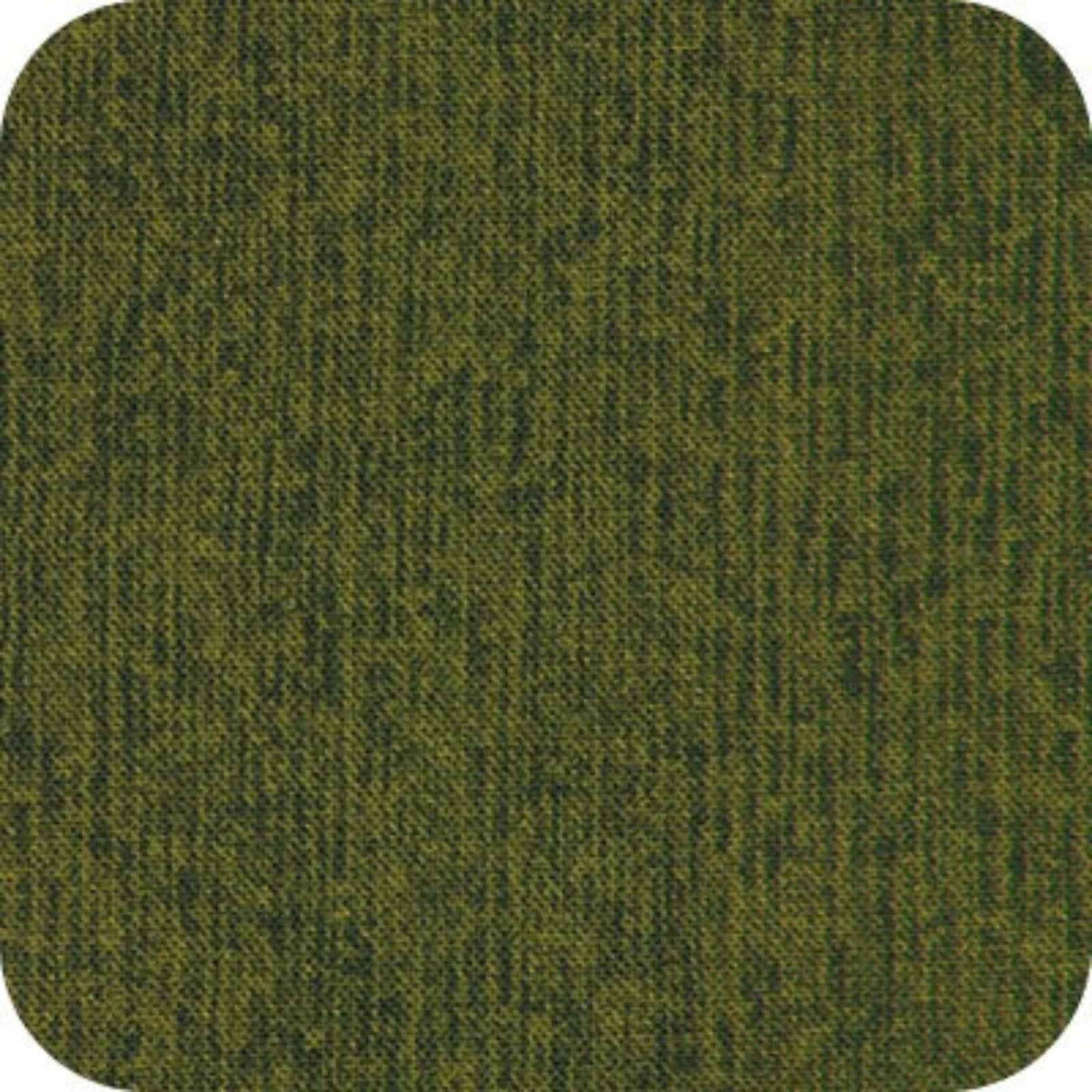 A square fabric swatch with rounded corners showing a textured, heathered green material.