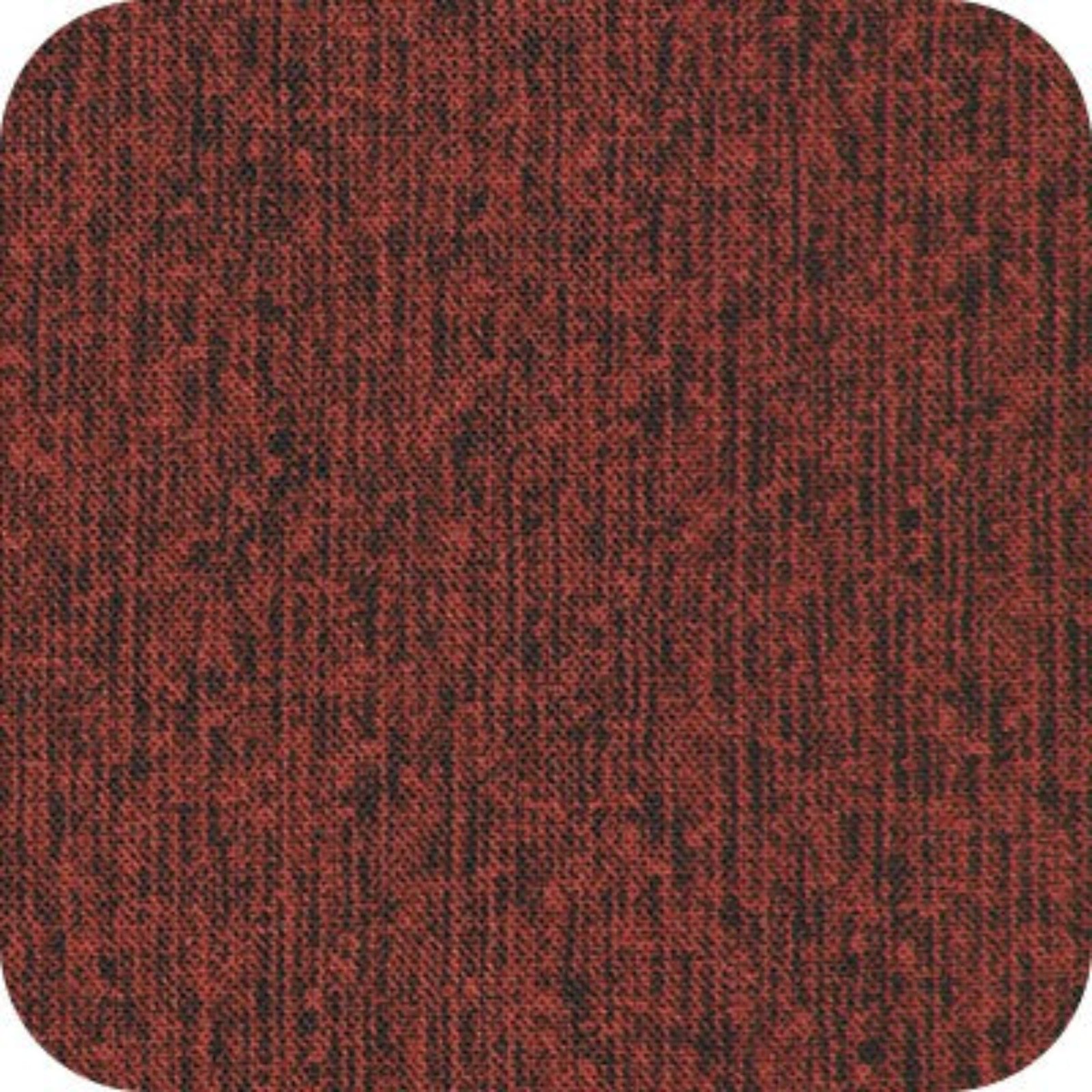 A square fabric swatch with rounded corners showing a textured, heathered red and black woven material.