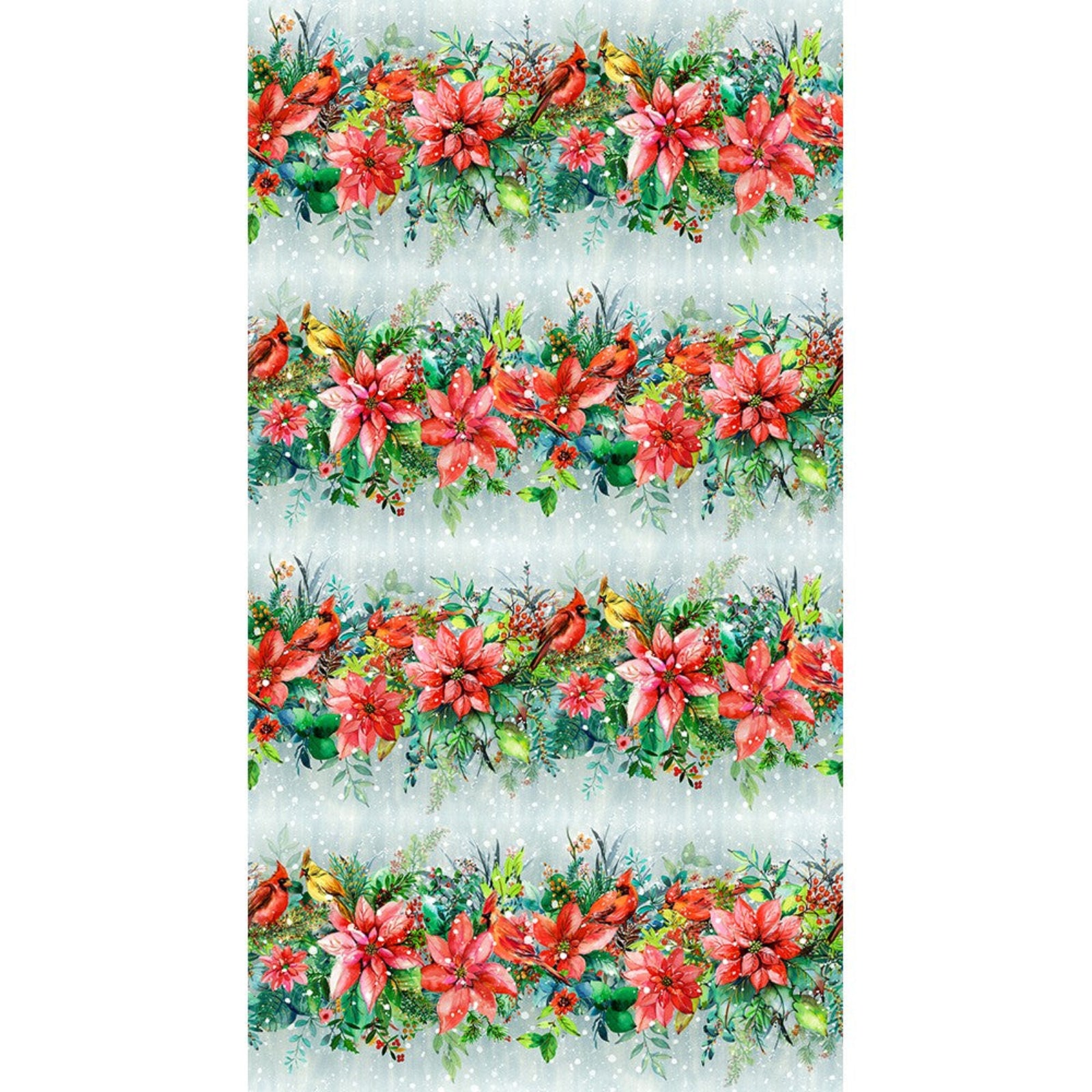 A repeating holiday floral pattern featuring red poinsettias, green foliage, small yellow birds, and falling snow on a pale icy blue background.