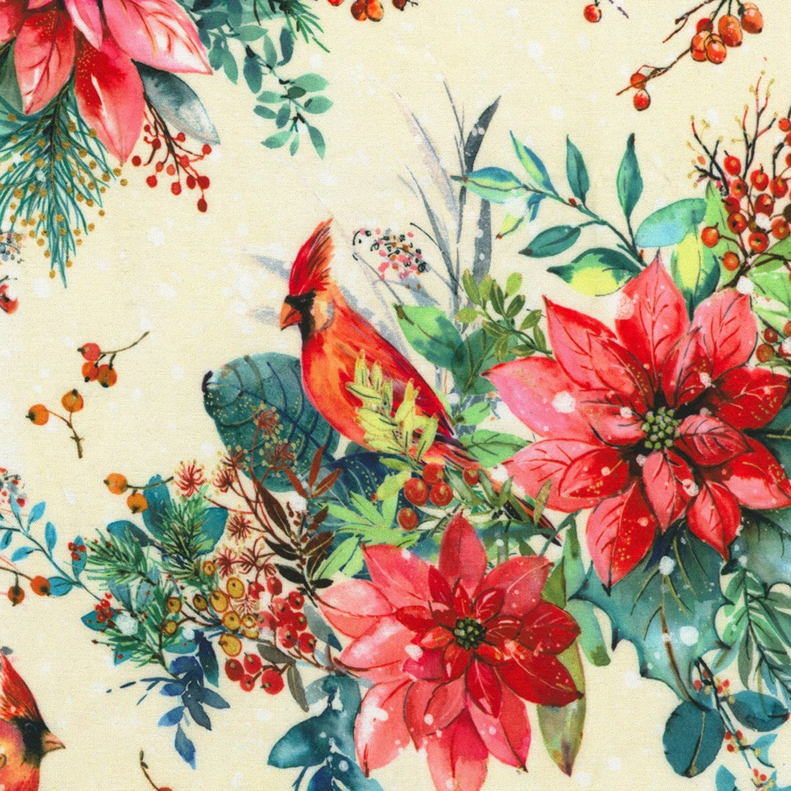 A festive holiday pattern featuring bright red poinsettias, a red cardinal bird, green holly leaves, pine branches, and red berries on a warm cream background.