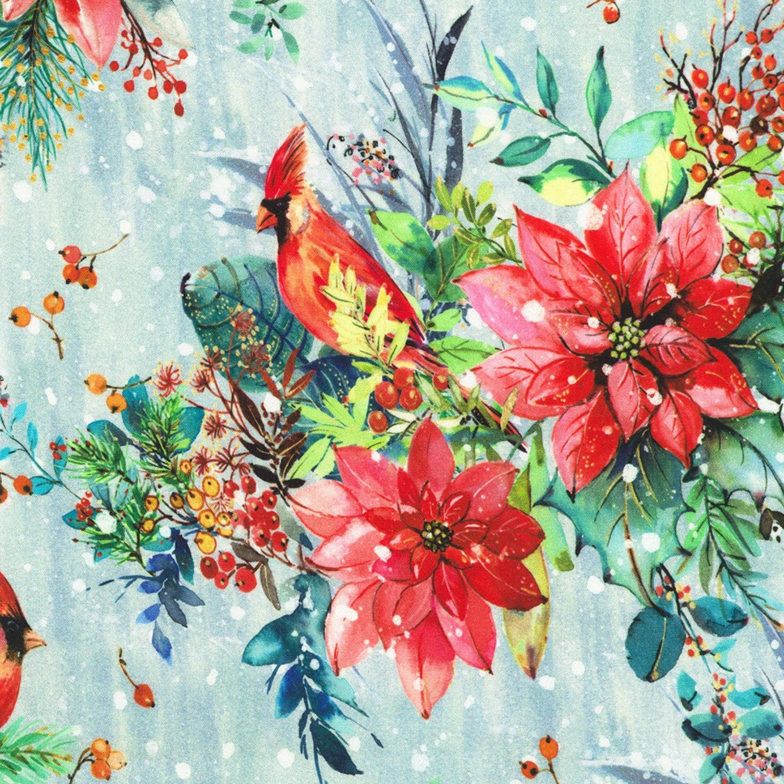 Winter scene with red poinsettias, cardinals, and winterberries on a light blue background.