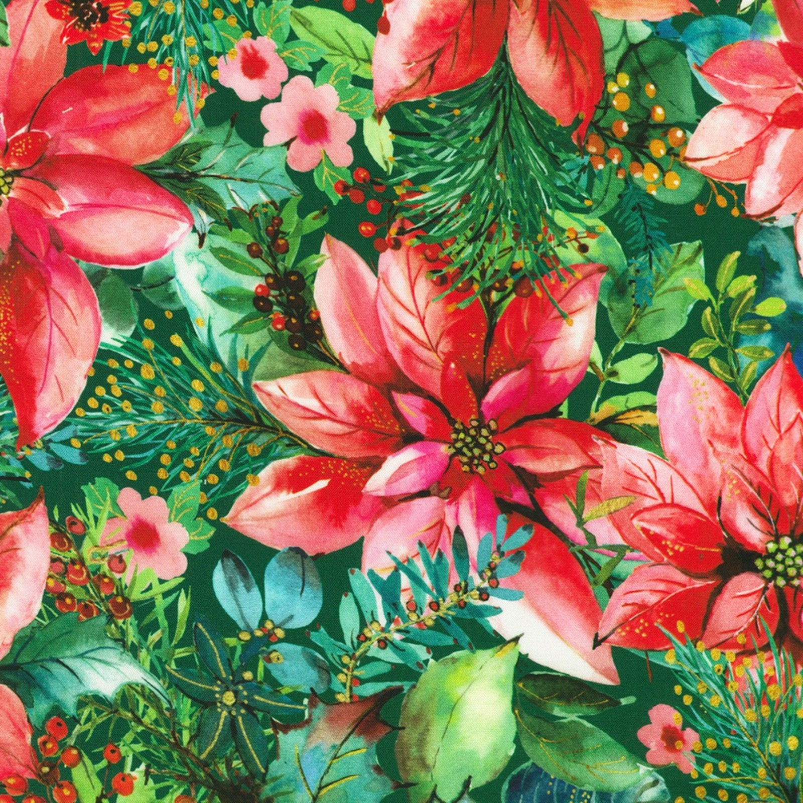 A close-up of a watercolor-style floral pattern featuring large pink and red poinsettias, green leaves, pine branches, and small red berries on a dark green background.