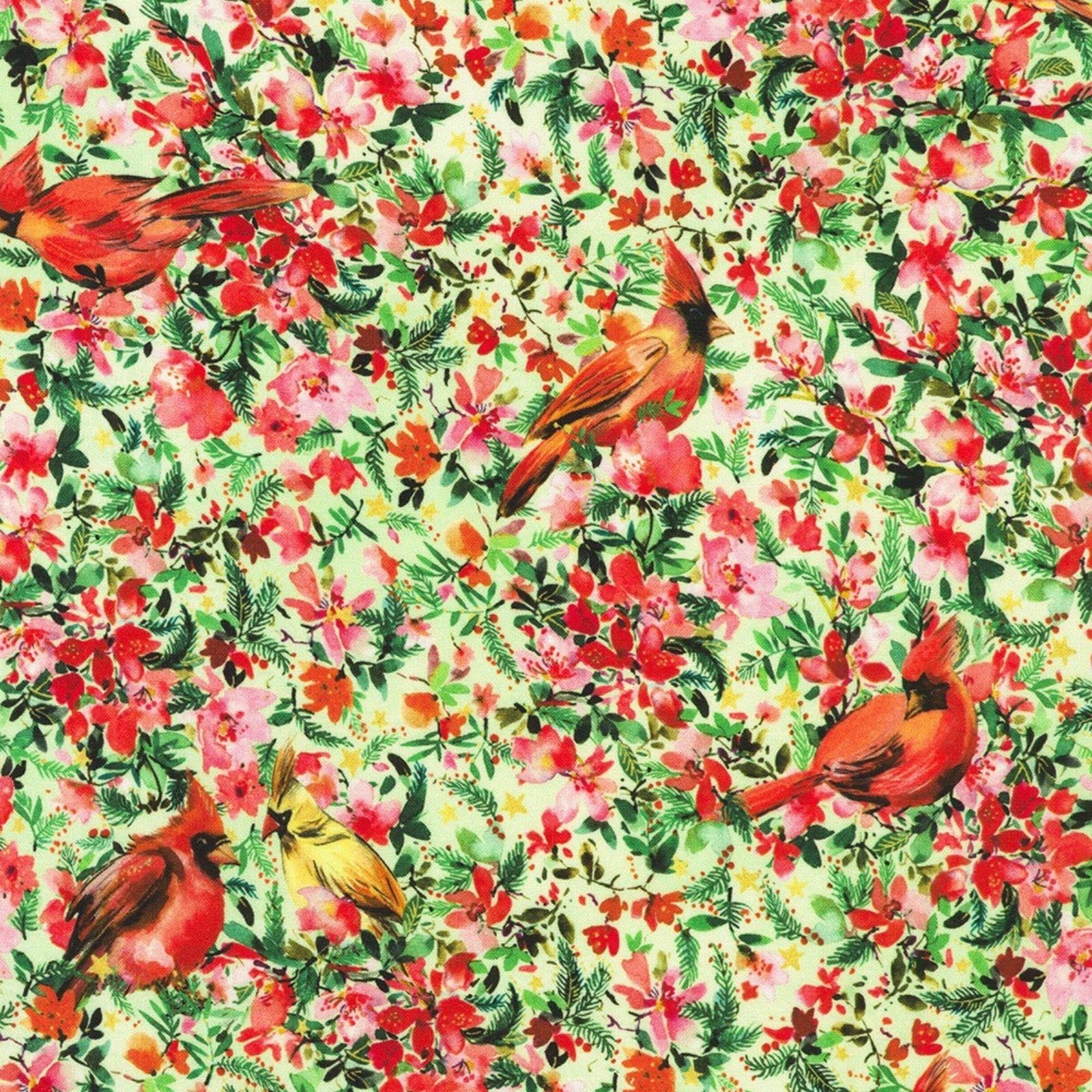 A repeating floral pattern featuring red and pink cardinal birds among green leaves and red flowers on a pale cream background.