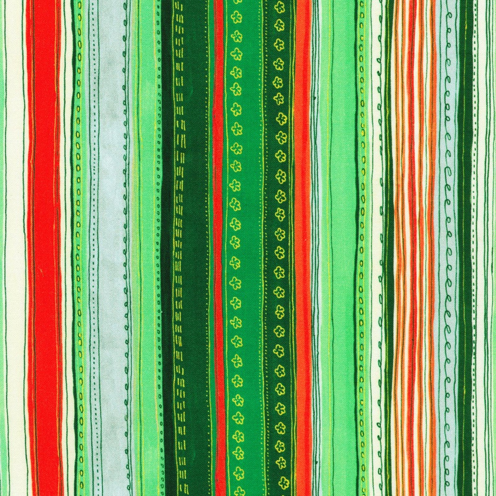 A close-up of a striped fabric pattern featuring vertical bands of green, red, orange, and white with various decorative motifs.