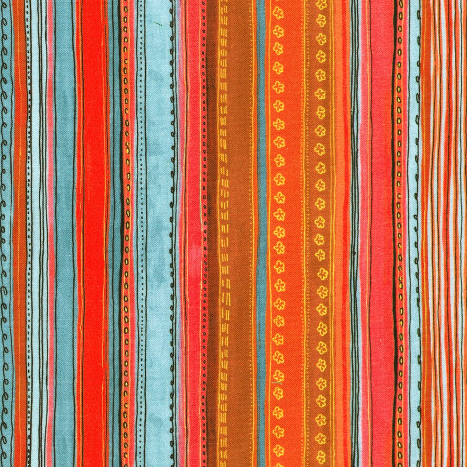 A close-up of a striped textile featuring vertical bands of rust red, orange, turquoise blue, light blue, brown, and yellow-gold decorative motifs.