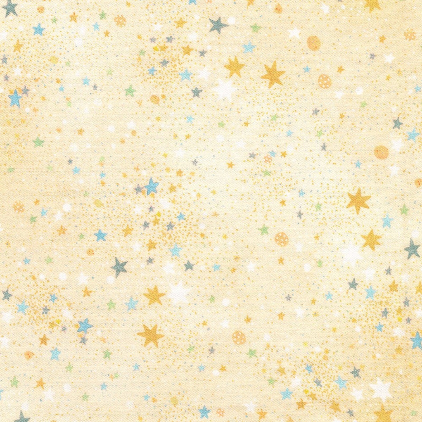 Fabric pattern featuring a warm cream background scattered with small gold, blue, and gray stars, dots, and speckles.