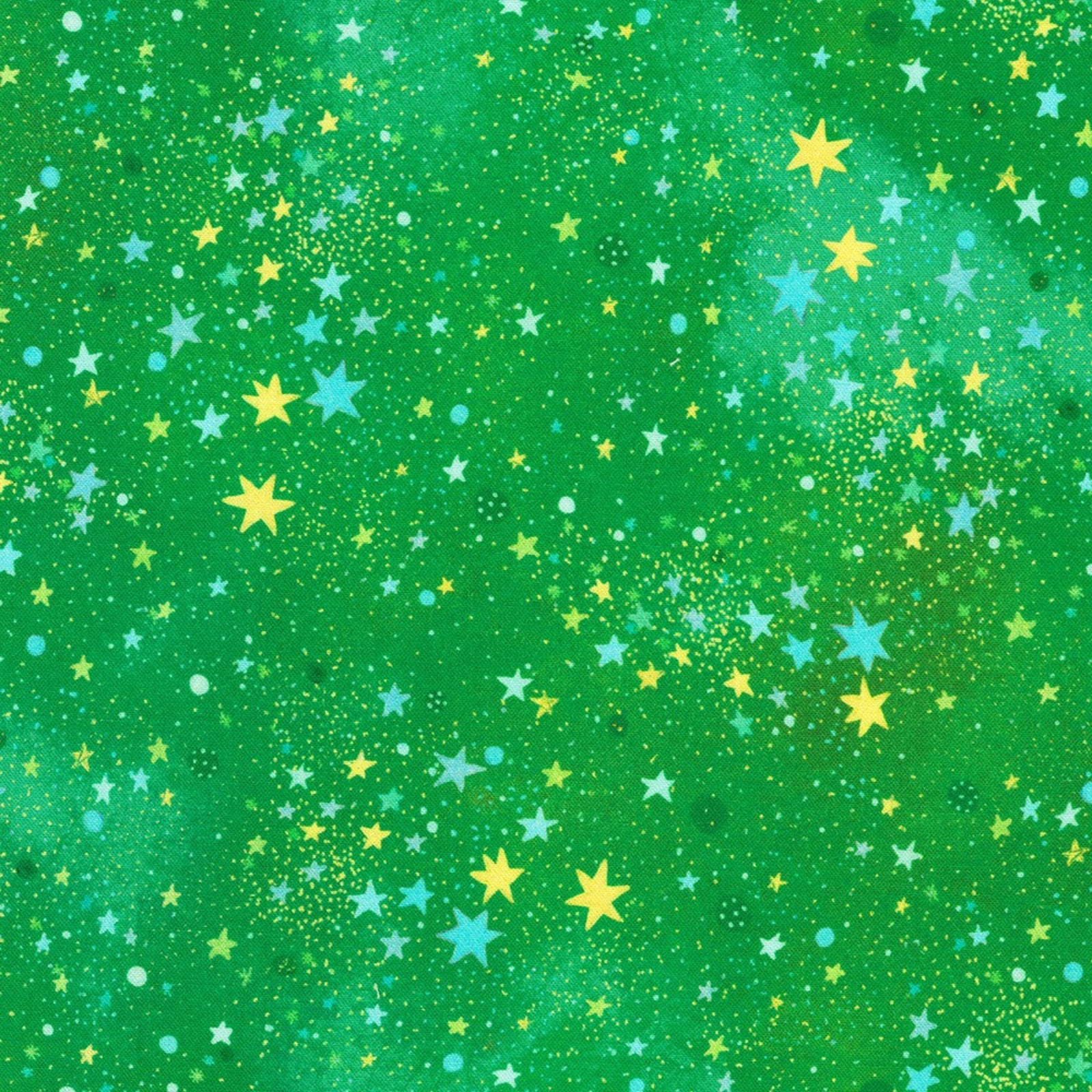 A close-up of a green patterned fabric or wallpaper featuring a scattered print of stars in yellow, light blue, and white, with fine dotted and speckled textures throughout.