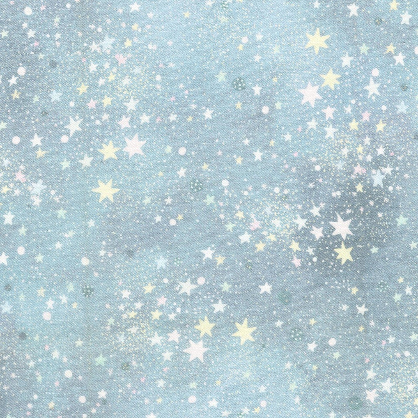 A light blue watercolor background covered with scattered white, pale yellow, and soft gray stars, dots, and speckles in a celestial pattern.