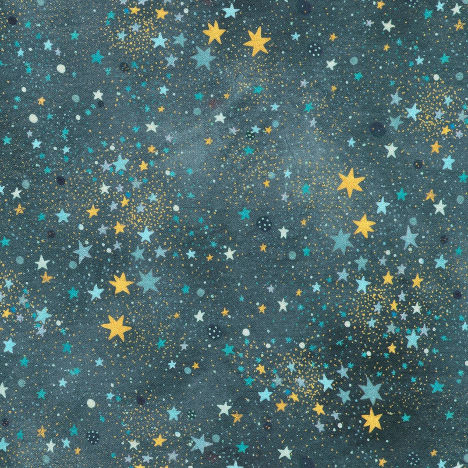 A repeating pattern of stars in yellow, light blue, and white scattered across a dark teal-blue background.