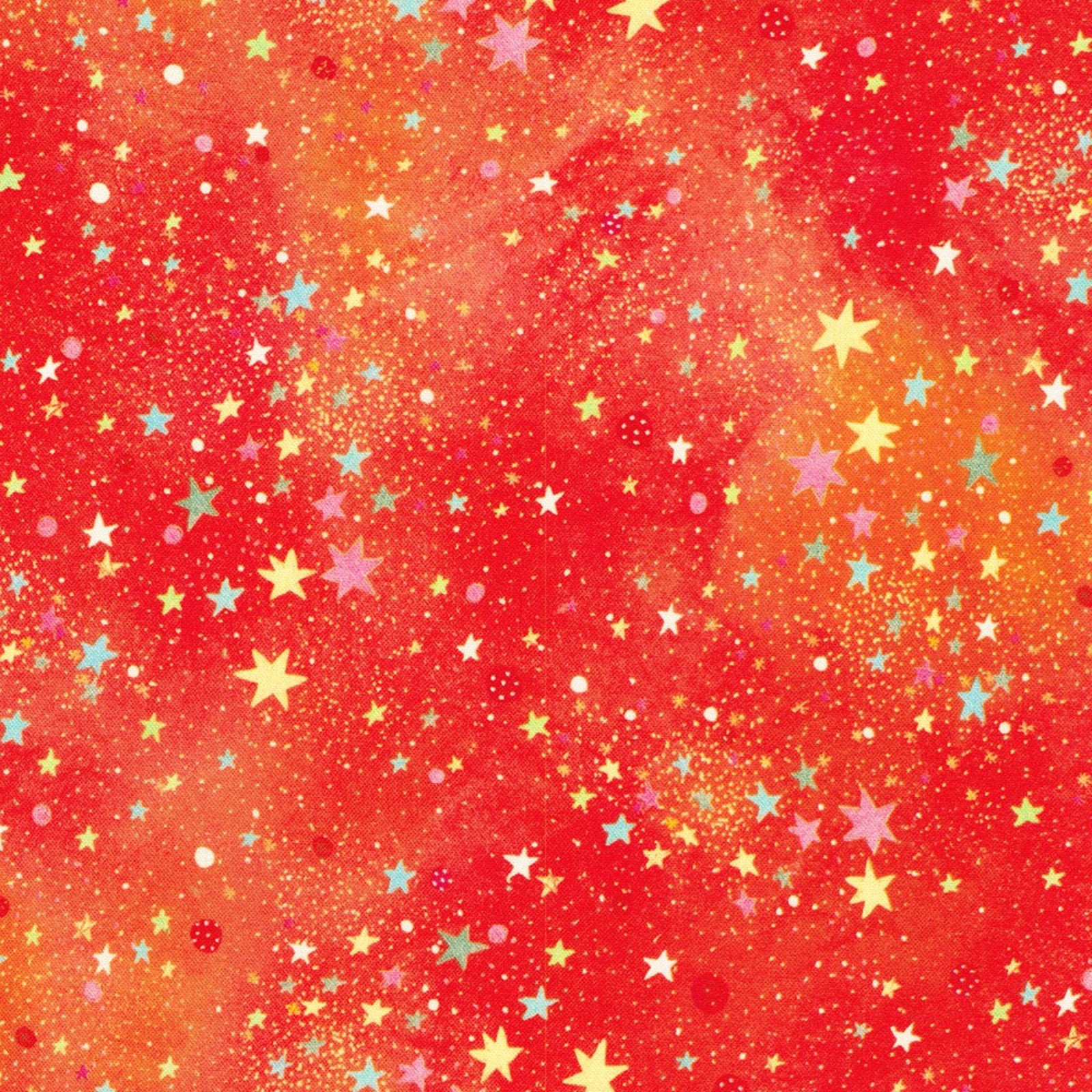 Fabric featuring a watercolor-style red and orange background decorated with scattered stars and dots in yellow, pink, and light blue.