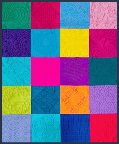 Colorful quilt composed of twenty stitched silk blocks, each featuring a unique quilting design.