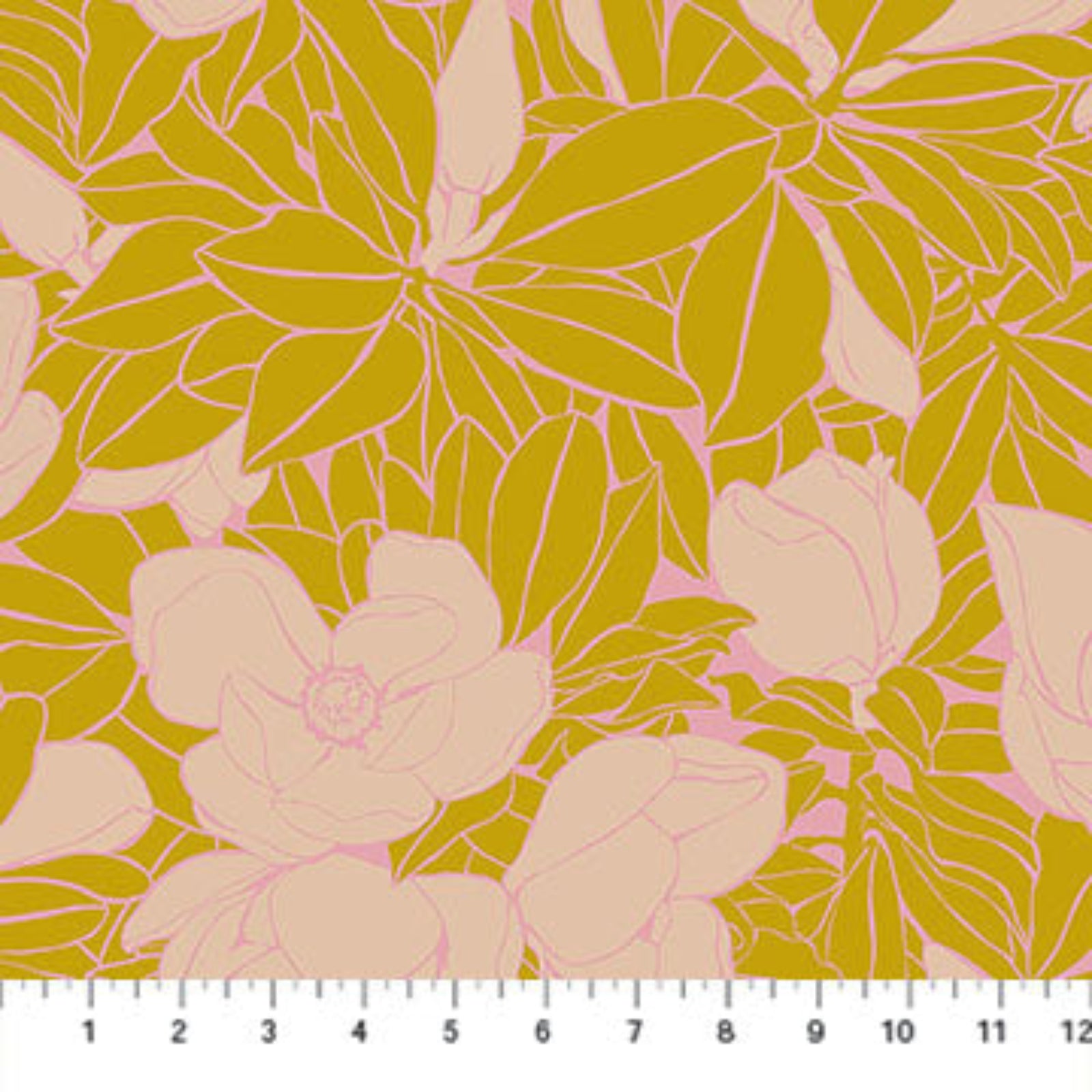 Floral pattern with large leaves and flowers in green and pink on a white background