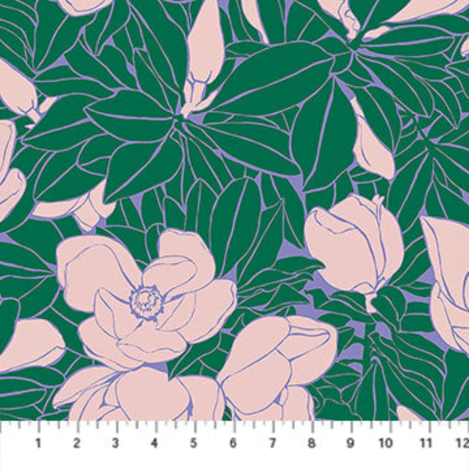 Floral pattern with pink flowers and green leaves on a fabric swatch.