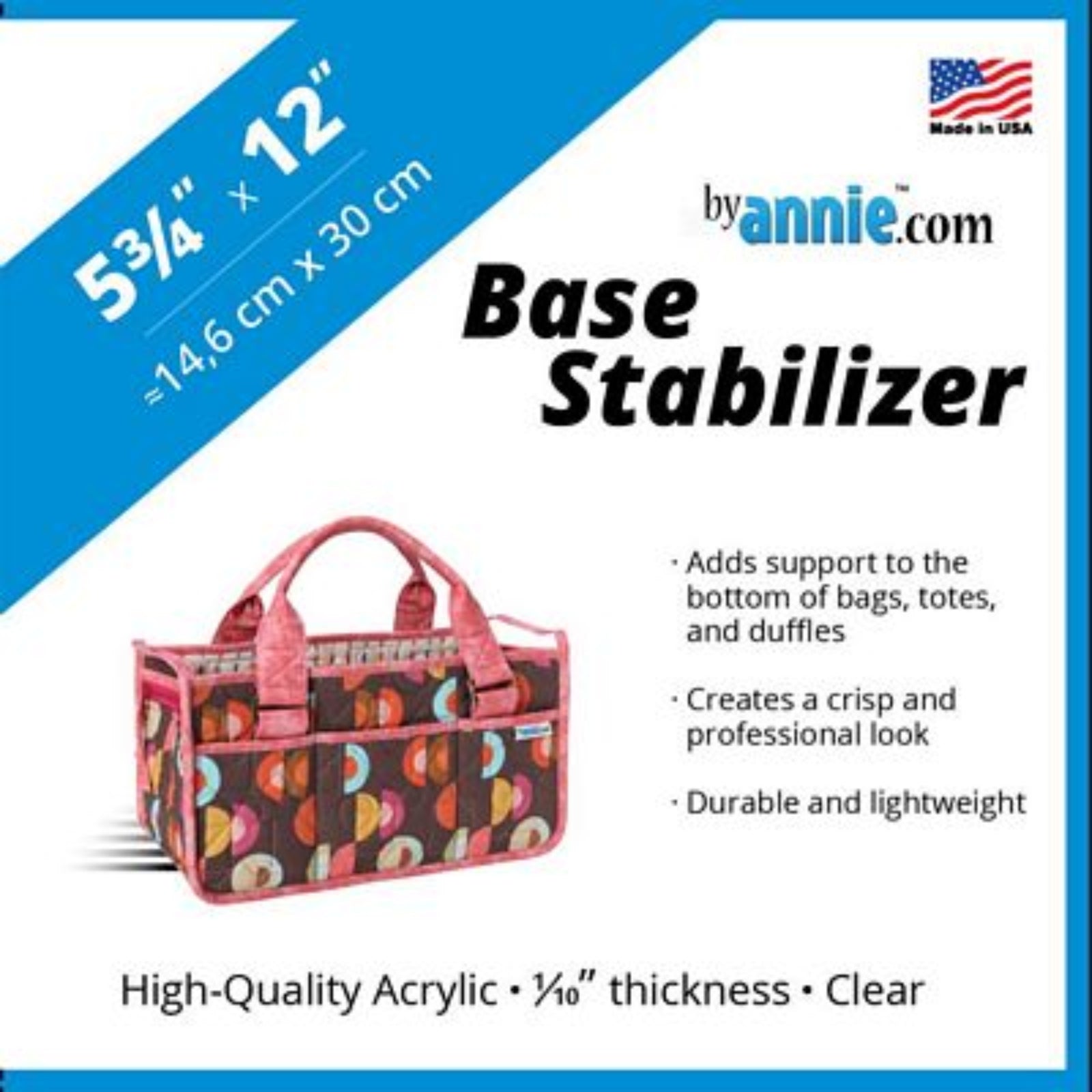 Base Stabilizer packaging with a colorful tote bag on a white background