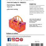 Back pattern instruction sheet for a base stabilizer designed for Byannie patterns, featuring a photo of a pink and orange patterned fabric tote bag, usage instructions, social media links, and a barcode.