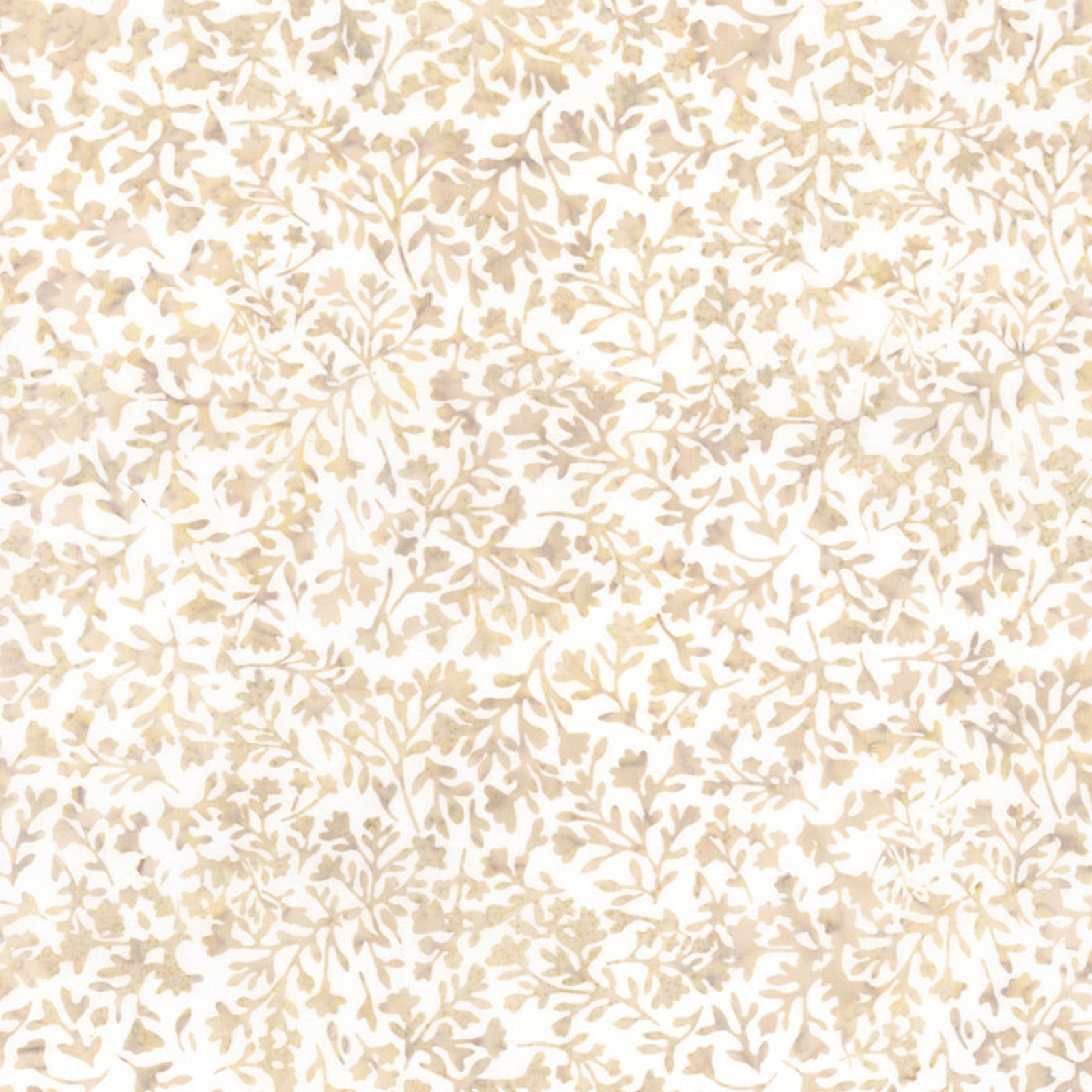 A close-up of a repeating botanical pattern in soft beige and light gold tones on a white background.