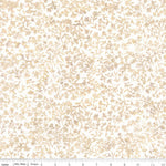 A close-up of a fabric pattern featuring delicate beige and light brown botanical leaf and branch motifs on a white background, with a ruler at the bottom indicating scale.