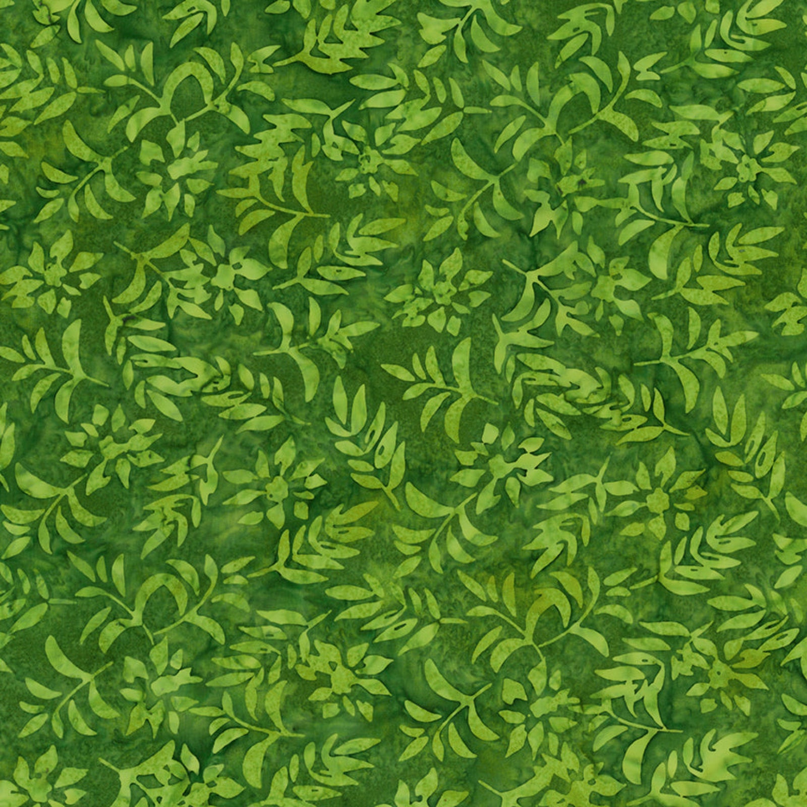 A close-up repeating pattern of green leaves and stems on a mottled medium-green background, filling the entire frame.