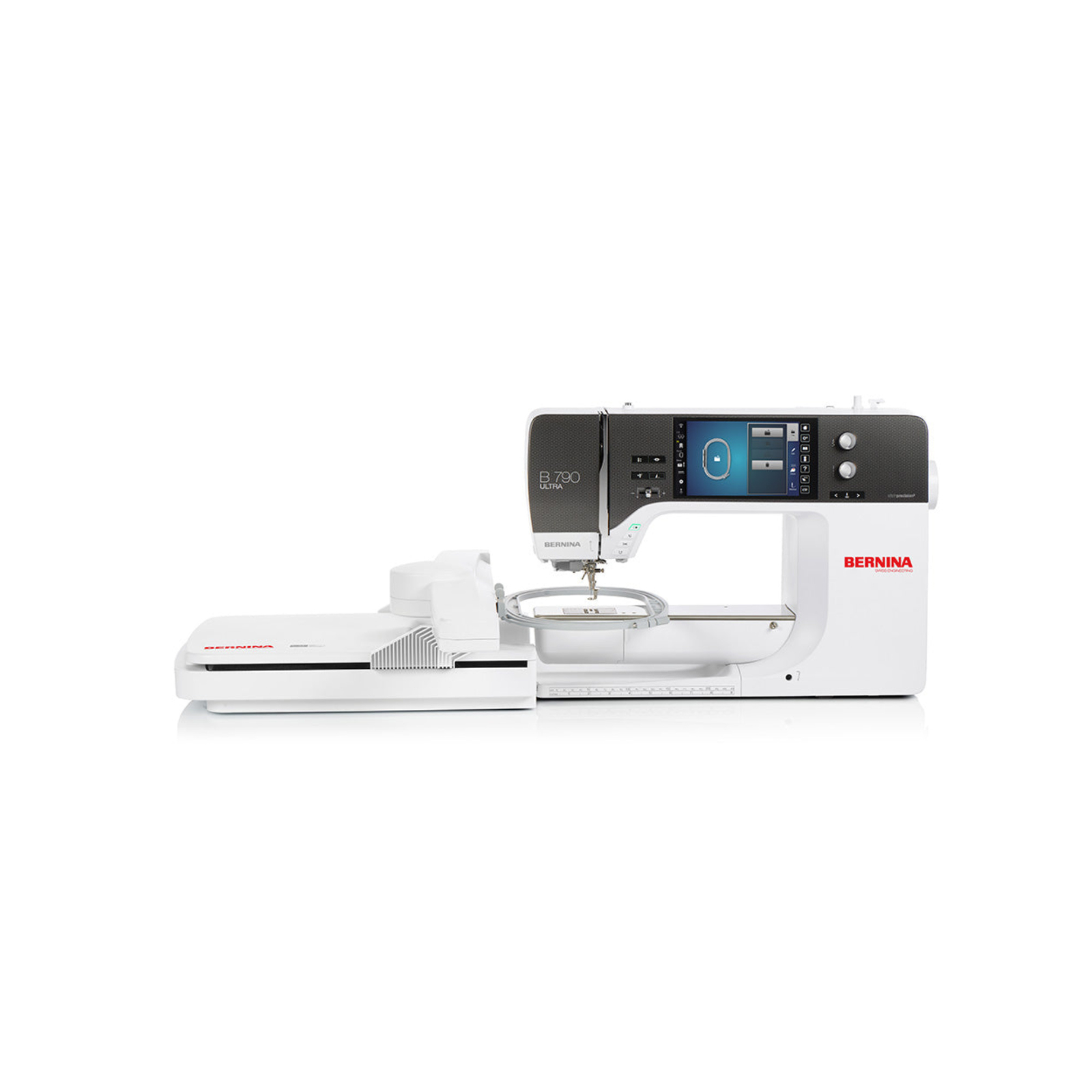 A Bernina sewing machine with an attached embroidery module, shown in white and black on a clean white background.