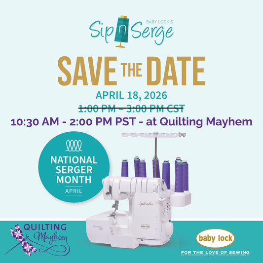 Promotional flyer for Sip n Serge event with sewing machine and event details.